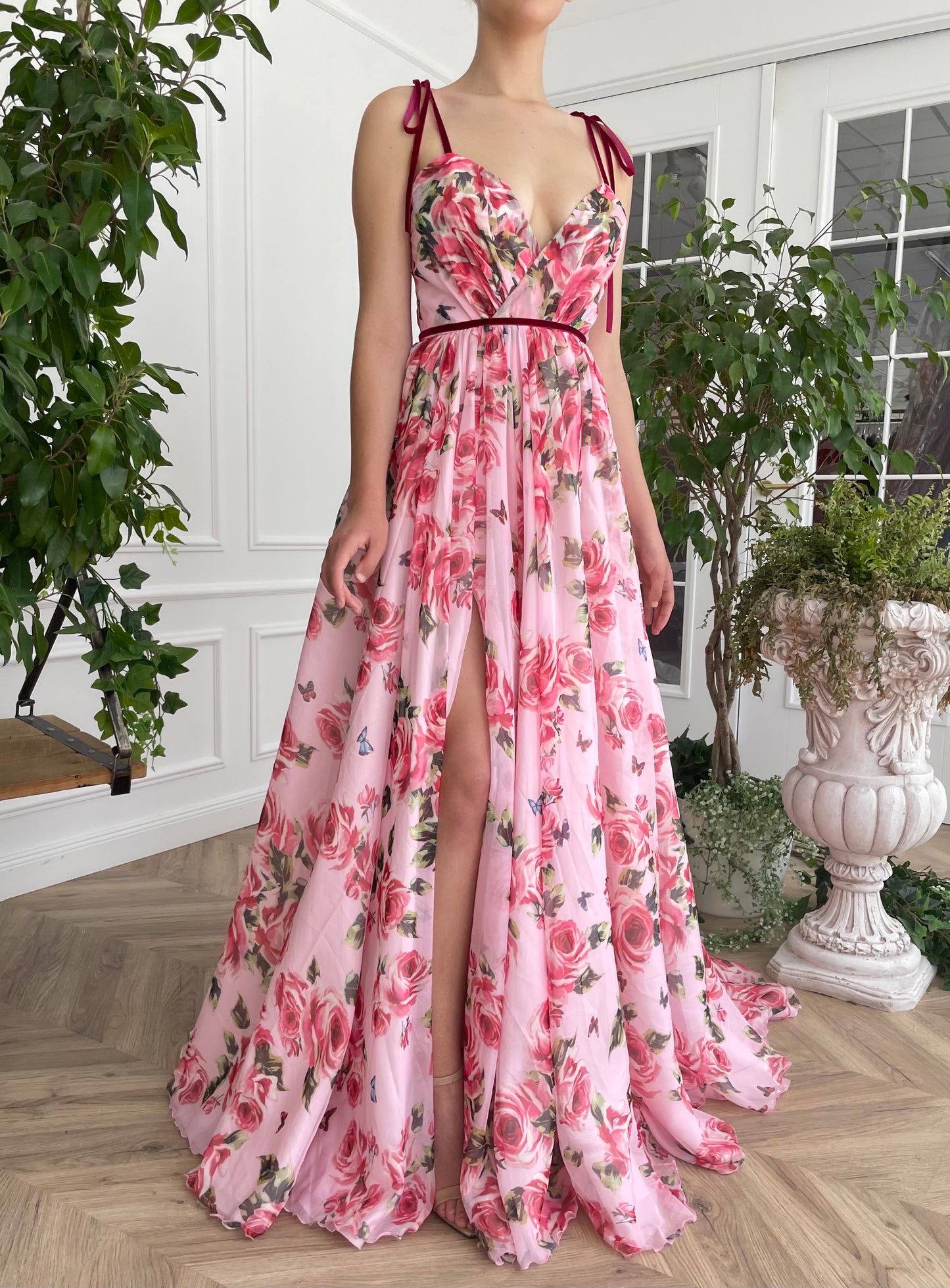 Pink A-Line dress with spaghetti straps and v-neck