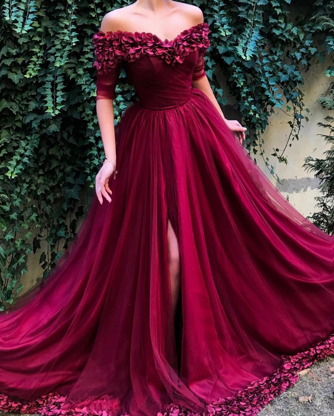 Red A-Line dress with short off the shoulder sleeves and embroidery