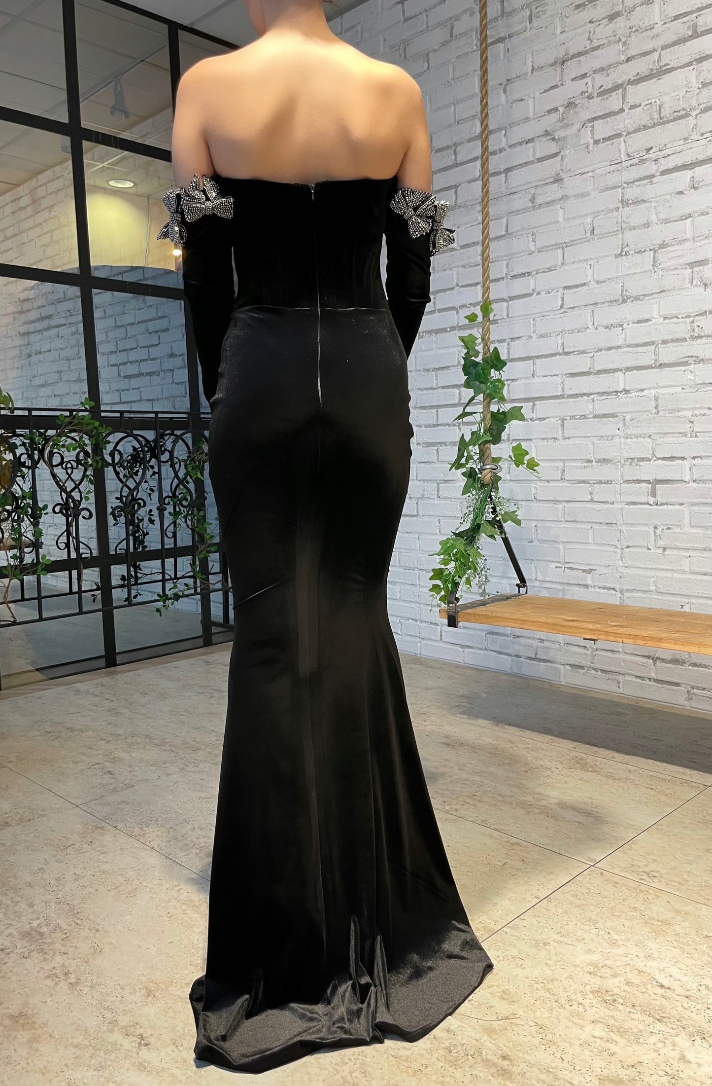Black mermaid dress with embroidery, off the shoulder sleeves and long sleeves