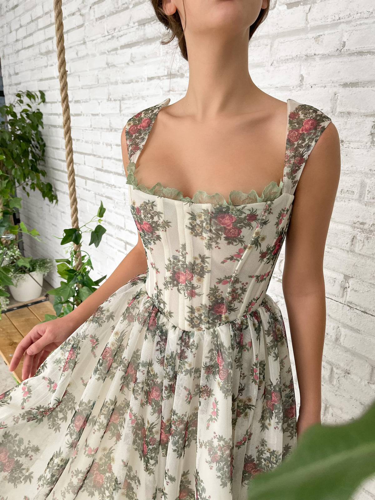 White midi dress with printed flowers and straps