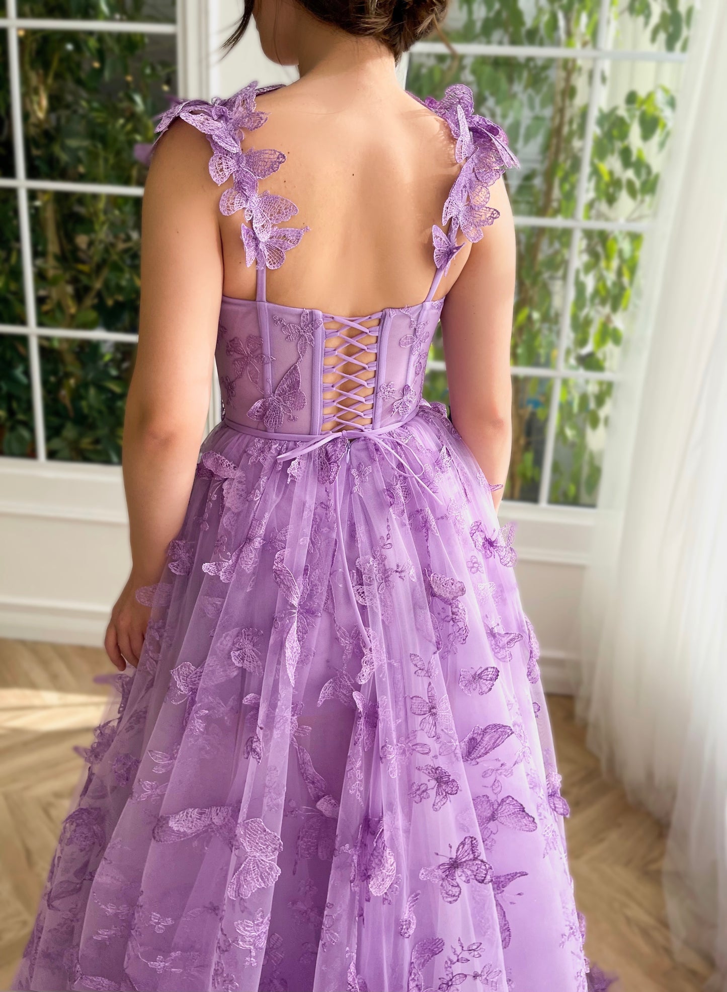 Purple A-Line dress with straps and embroidered butterflies
