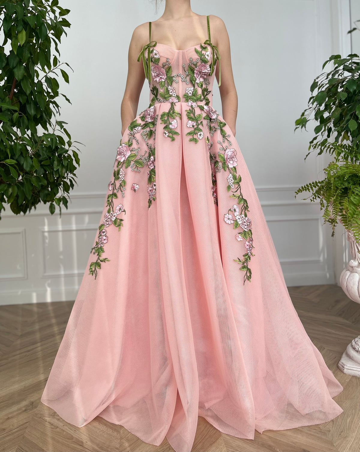 Pink A-Line dress with spaghetti straps and embroidery
