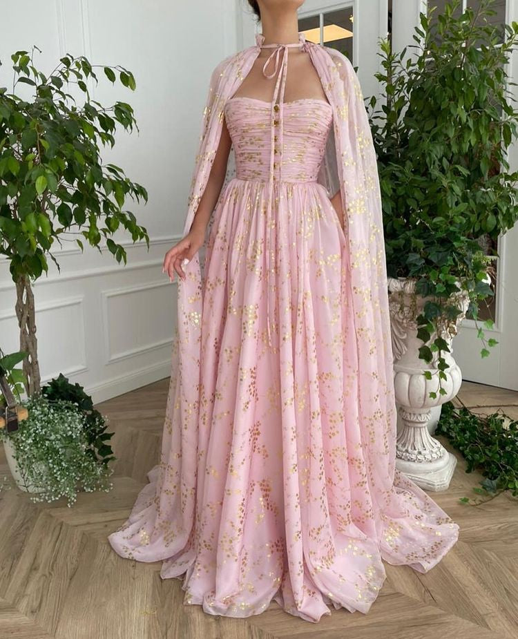 Pink A-Line dress with no sleeves and cape
