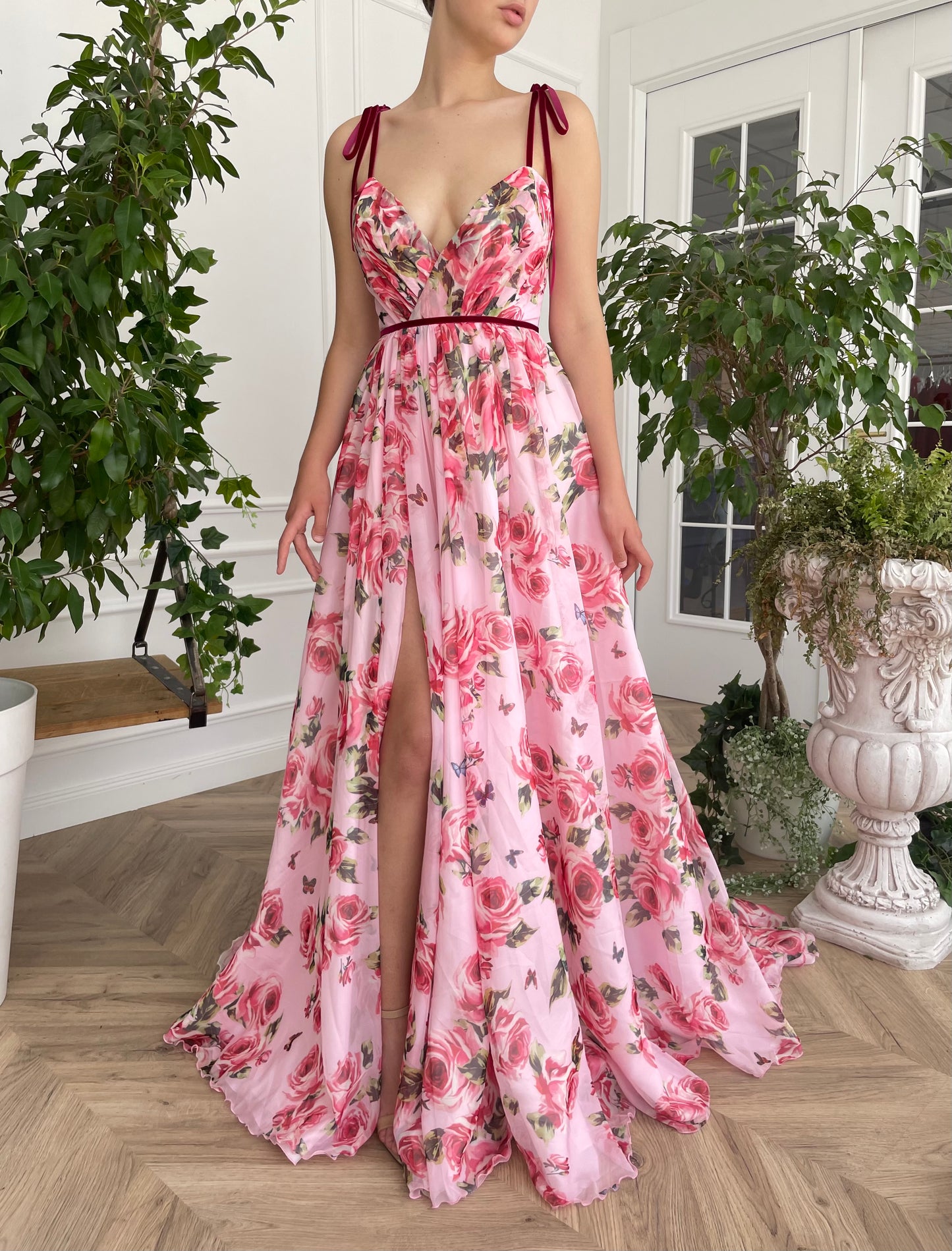 Pink A-Line dress with spaghetti straps and v-neck