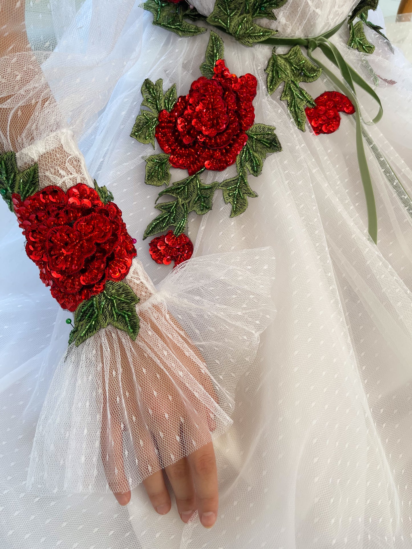 A Line white bridal dress with long sleeves and embroidered flowers