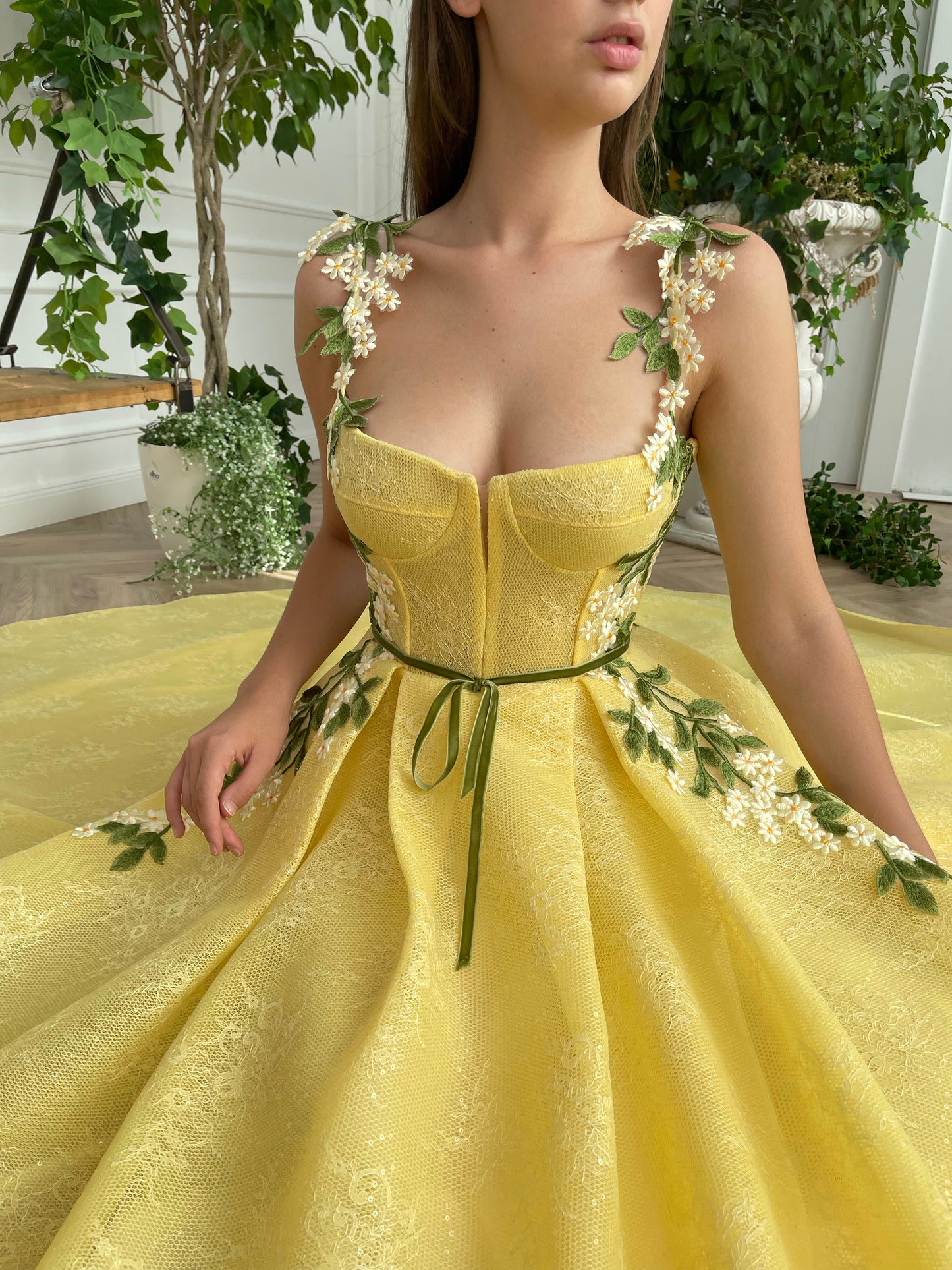 Yellow A-Line dress with embroidery and spaghetti straps
