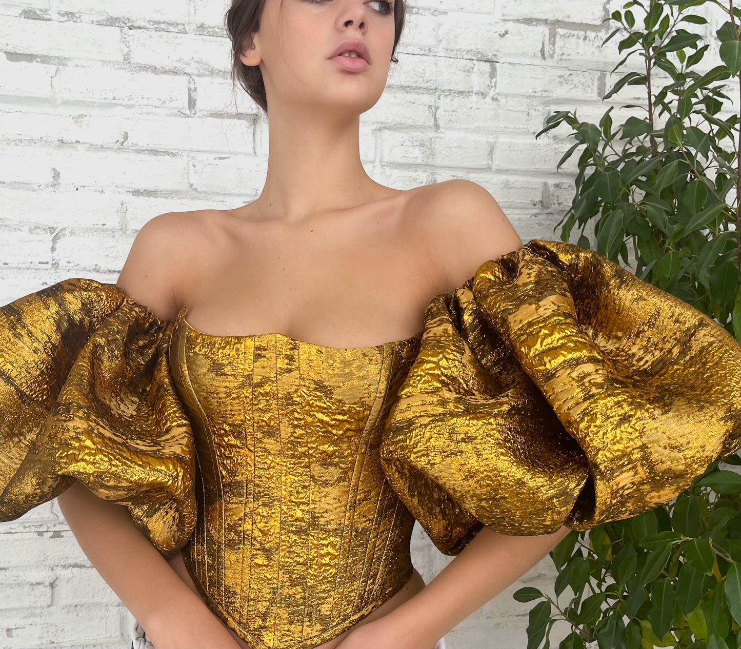 Gold corset with short puff sleeves