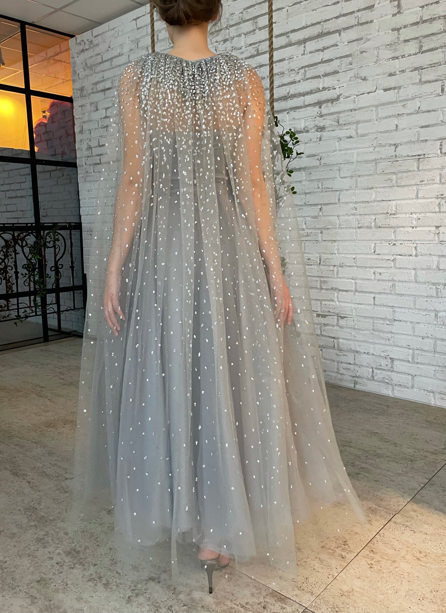Grey midi dress with cape and belt