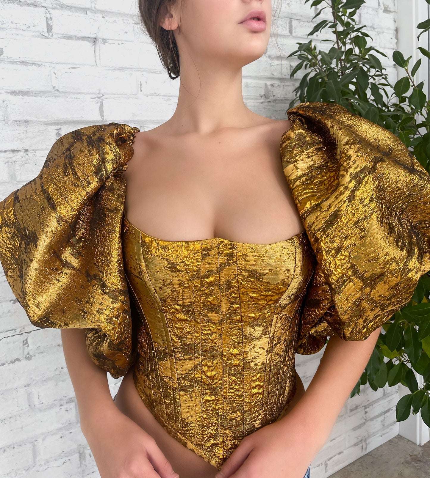 Gold corset with short puff sleeves