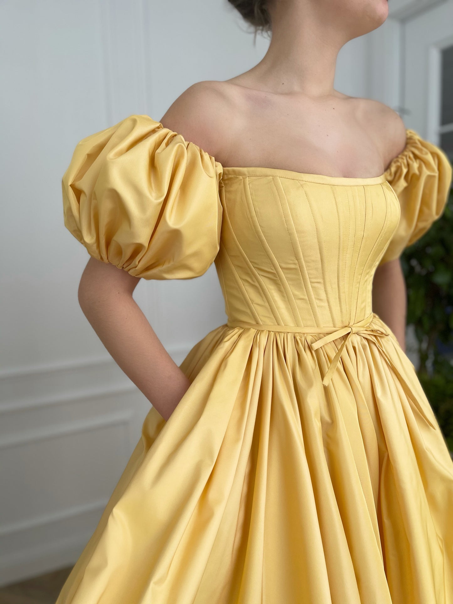 Yellow A-Line dress with off the shoulder sleeves