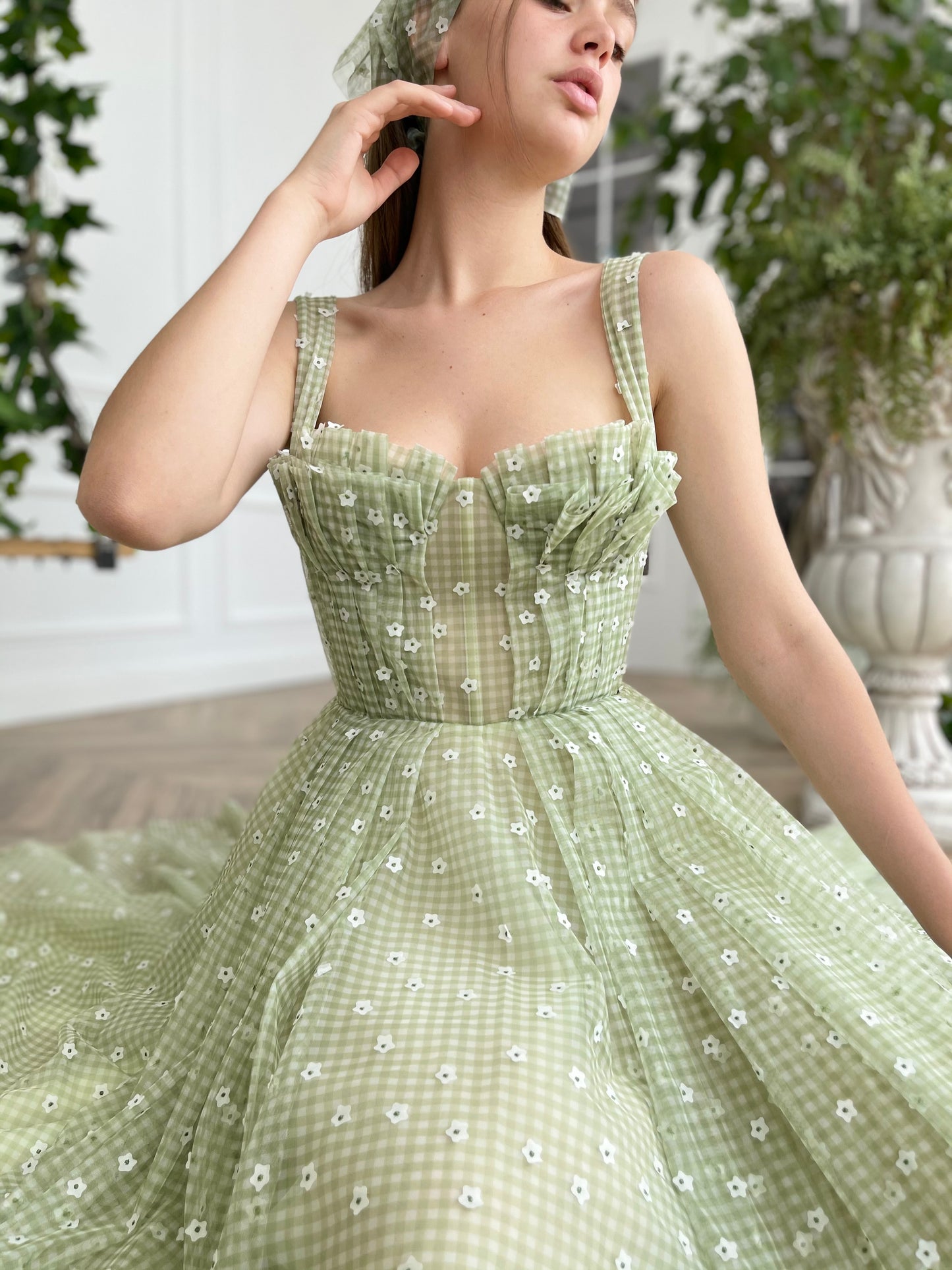 Green midi dress with daisies and straps