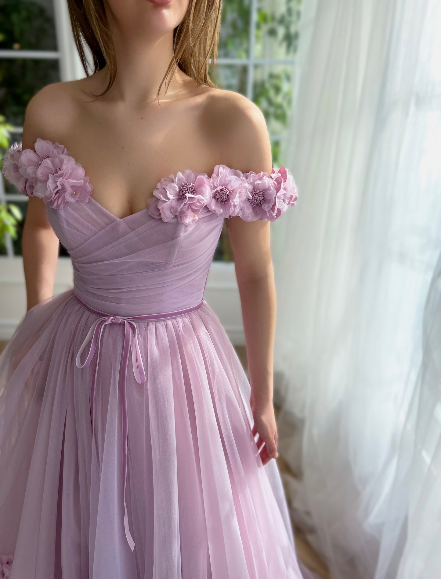 Purple A-Line dress with off the shoulder sleeves and embroidery