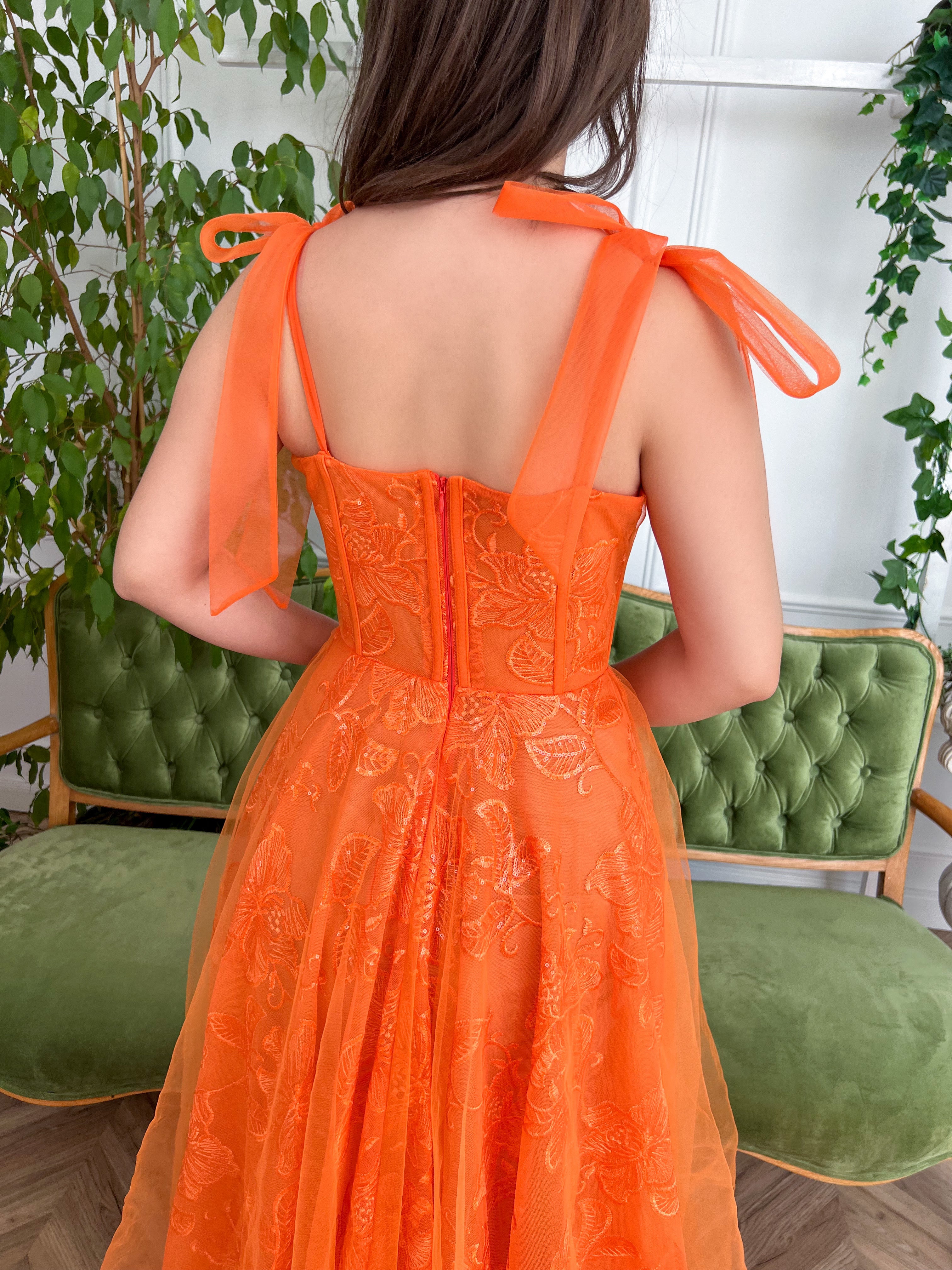Orange A-Line dress with spaghetti straps, and embroidery