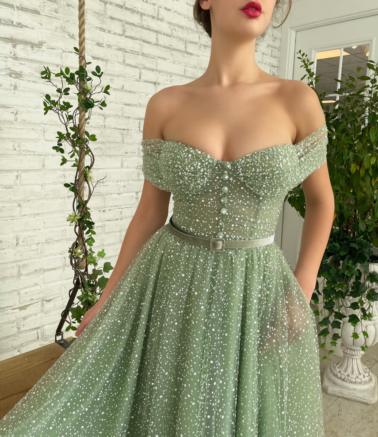 Green midi dress with belt and off the shoulder sleeves