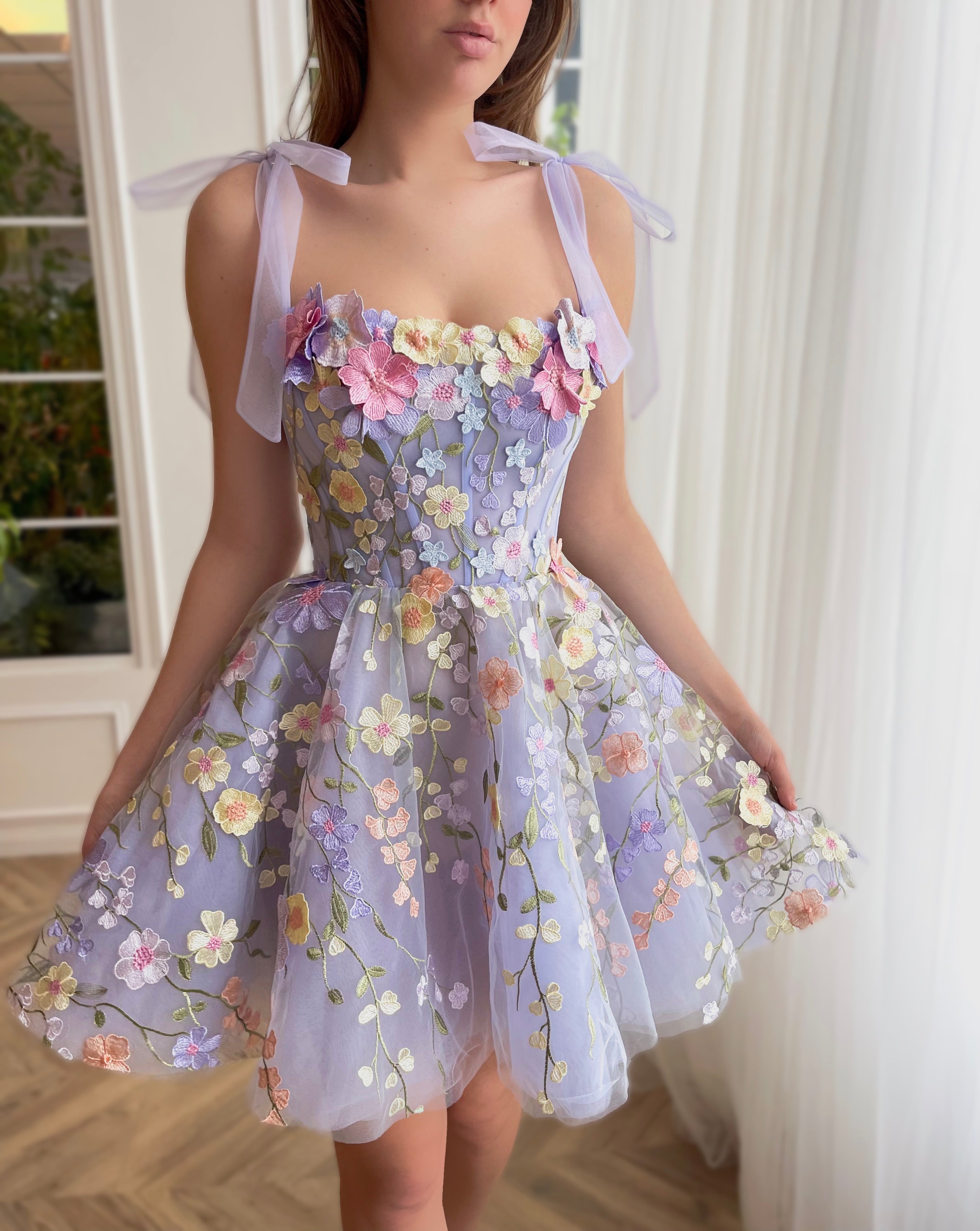 Purple mini dress with spaghetti straps and embroidered flowers