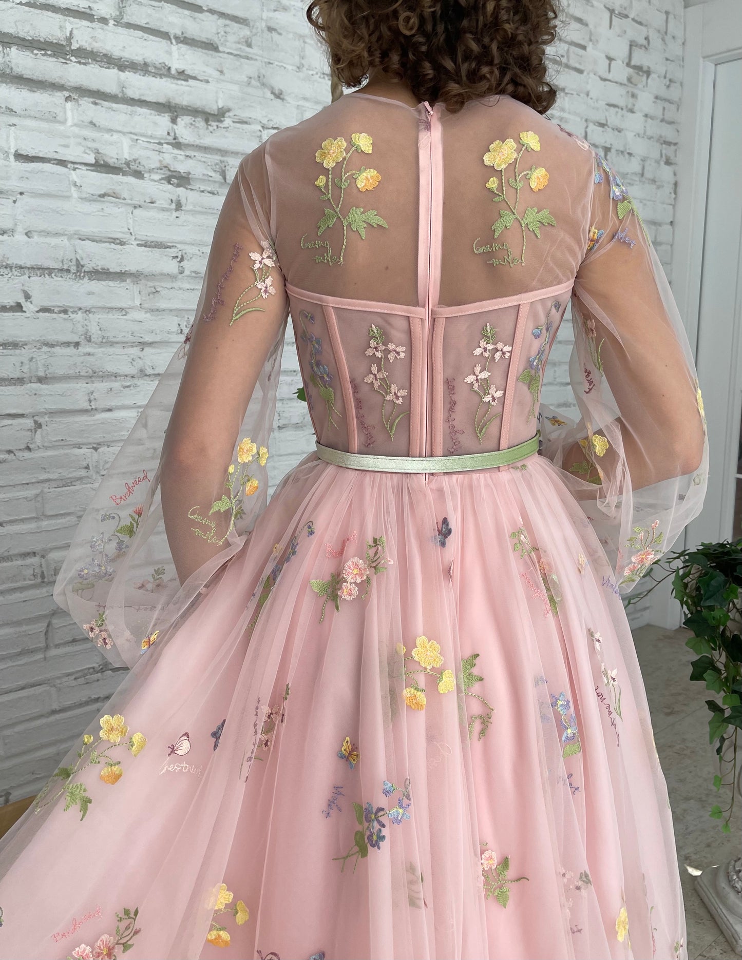 Pink A-Line dress with long sleeves, belt and flowers
