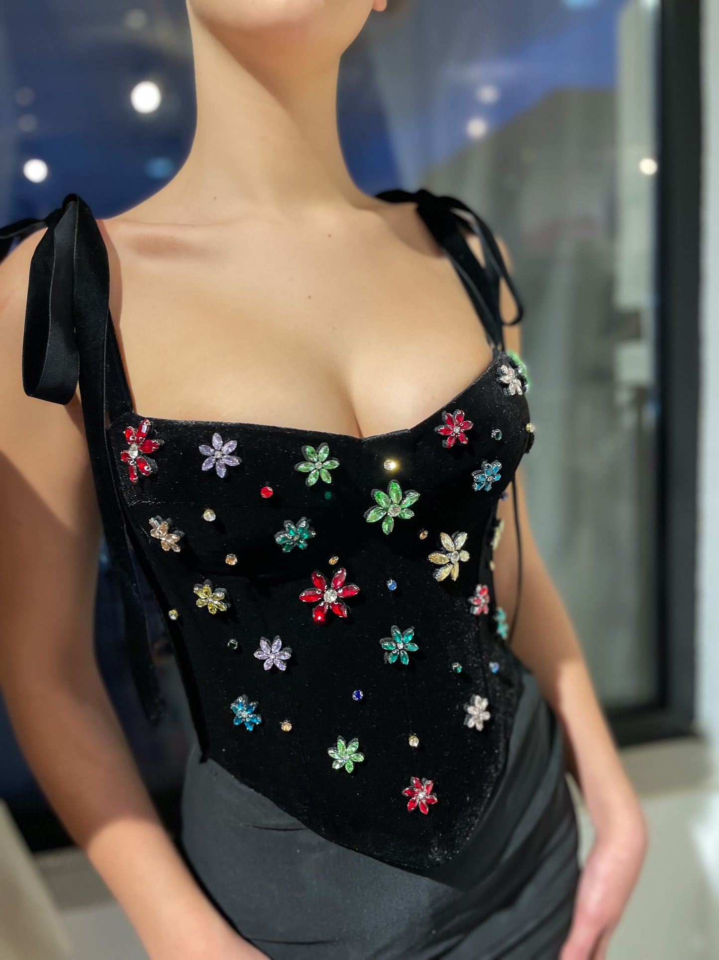 Black corset with bow straps and embroidery
