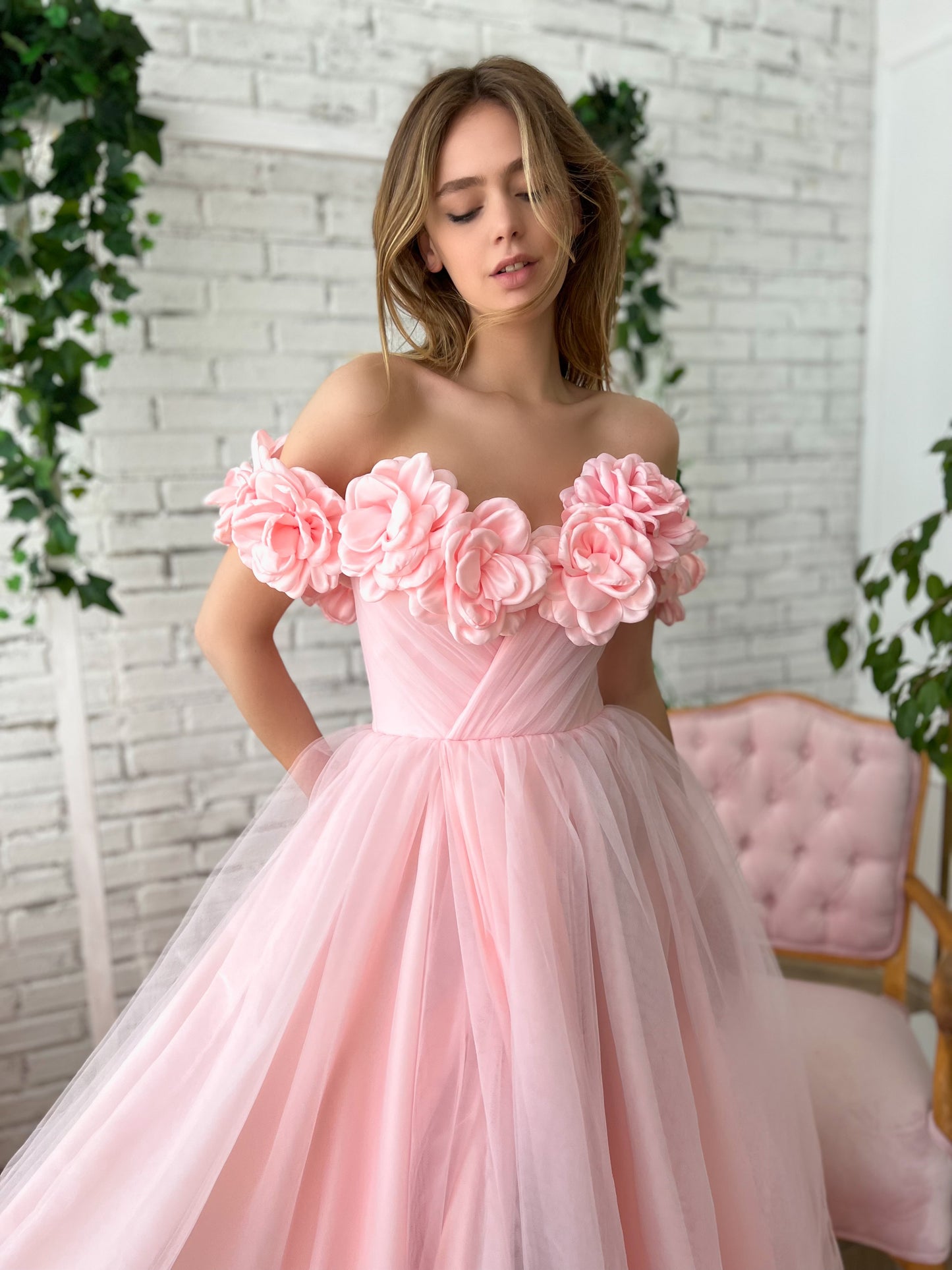 Pink A-Line dress with off the shoulder sleeves, embroidery and flowers