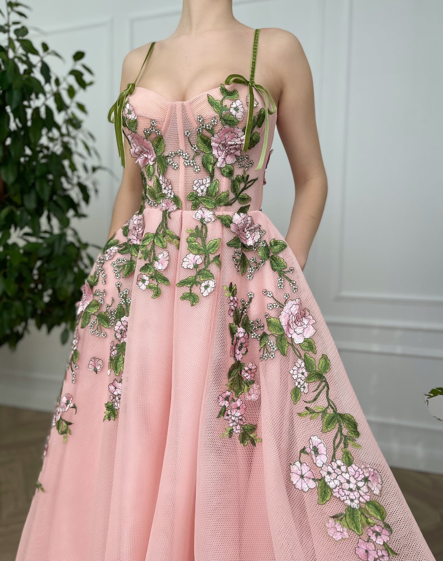 Pink A-Line dress with spaghetti straps and embroidery