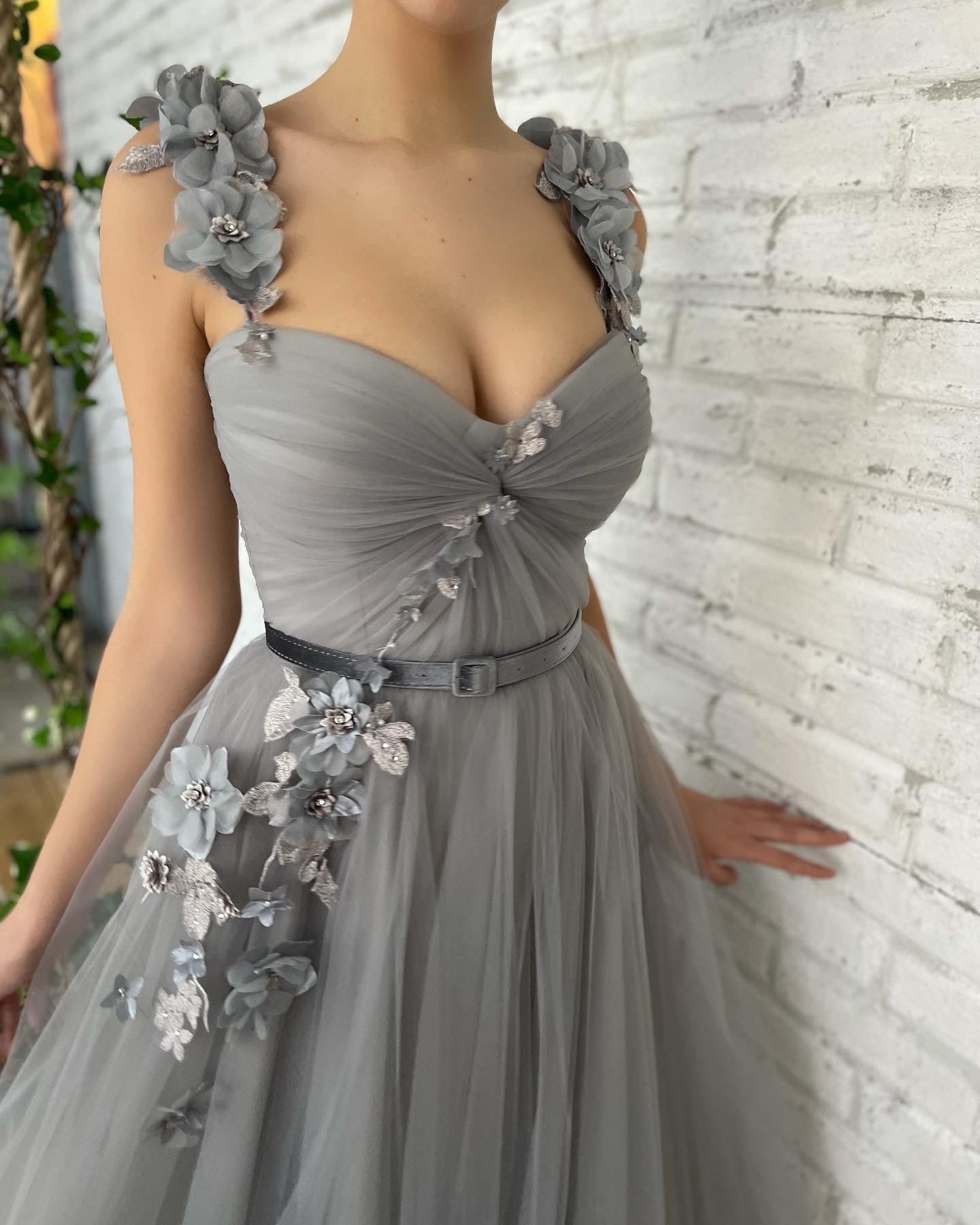 Grey midi dress with spaghetti straps, belt and embroidery