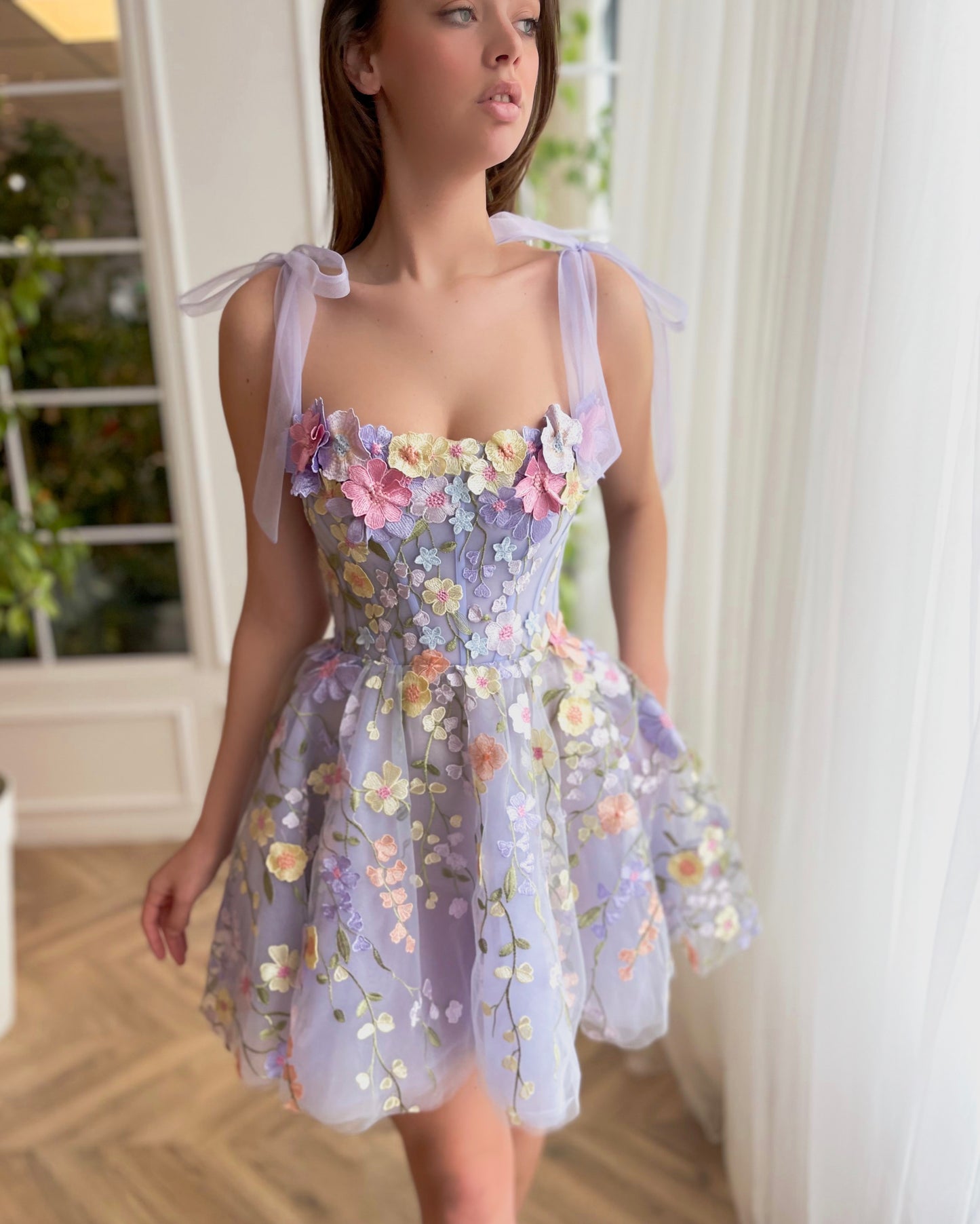 Purple mini dress with spaghetti straps and embroidered flowers