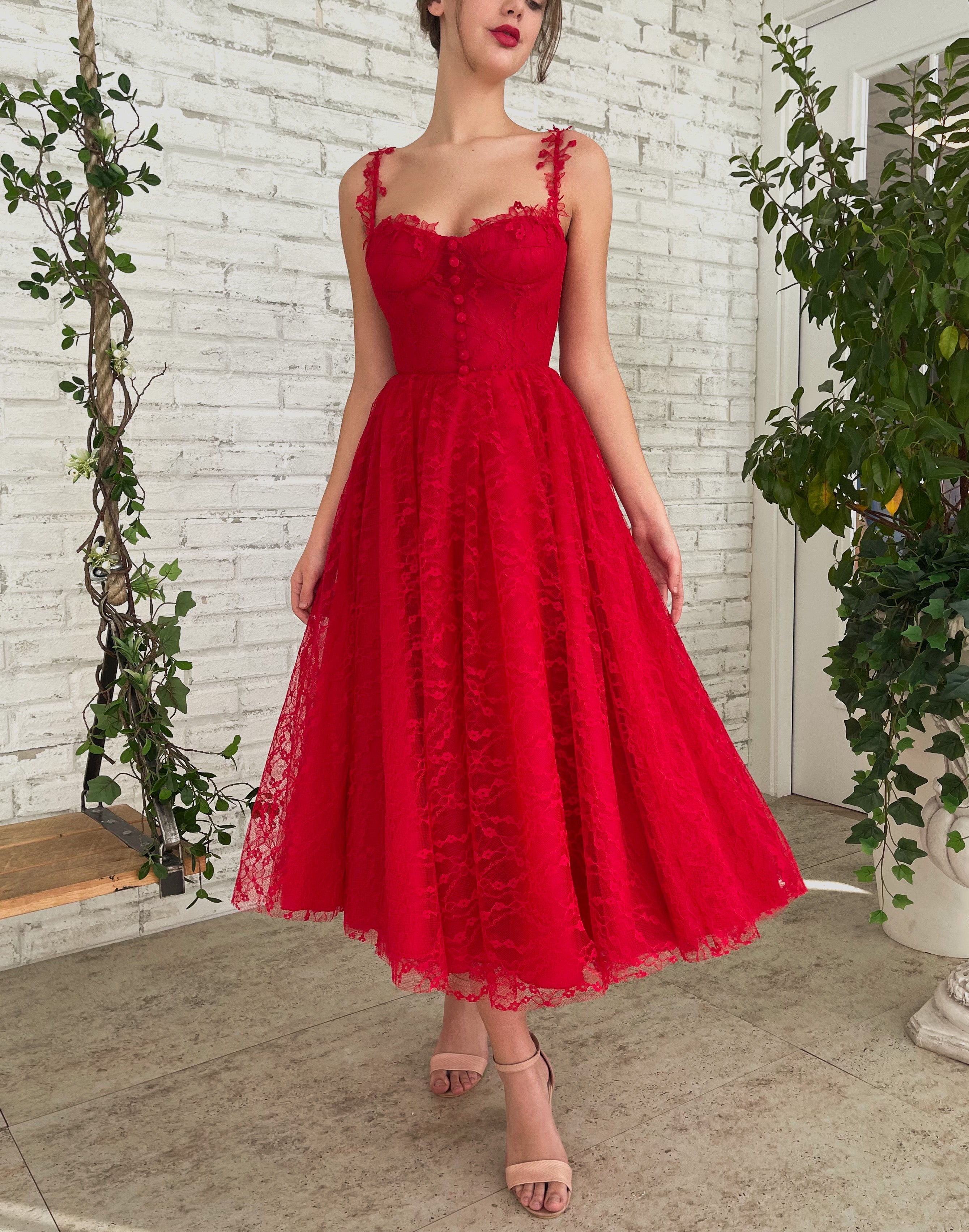 red dress with roses at the bottom Scarlet Rose Garden Gown– Teuta Matoshi