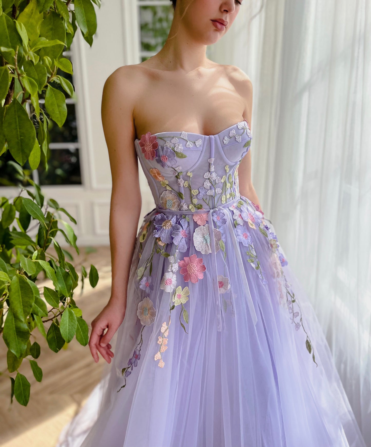 Purple A-Line dress with no sleeves and embroidery