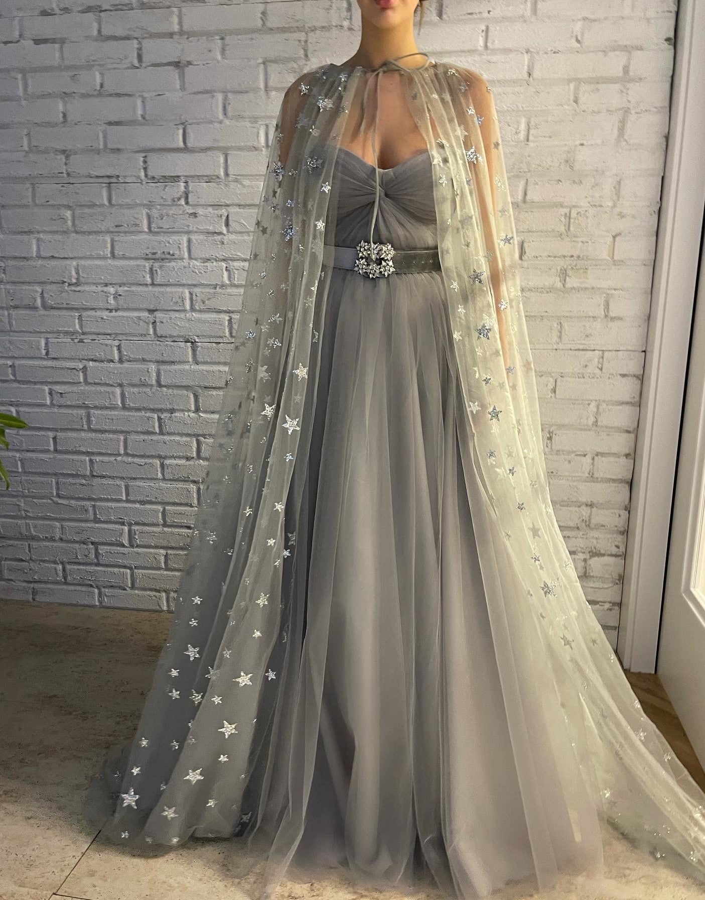 Grey A-Line dress with starry cape and belt