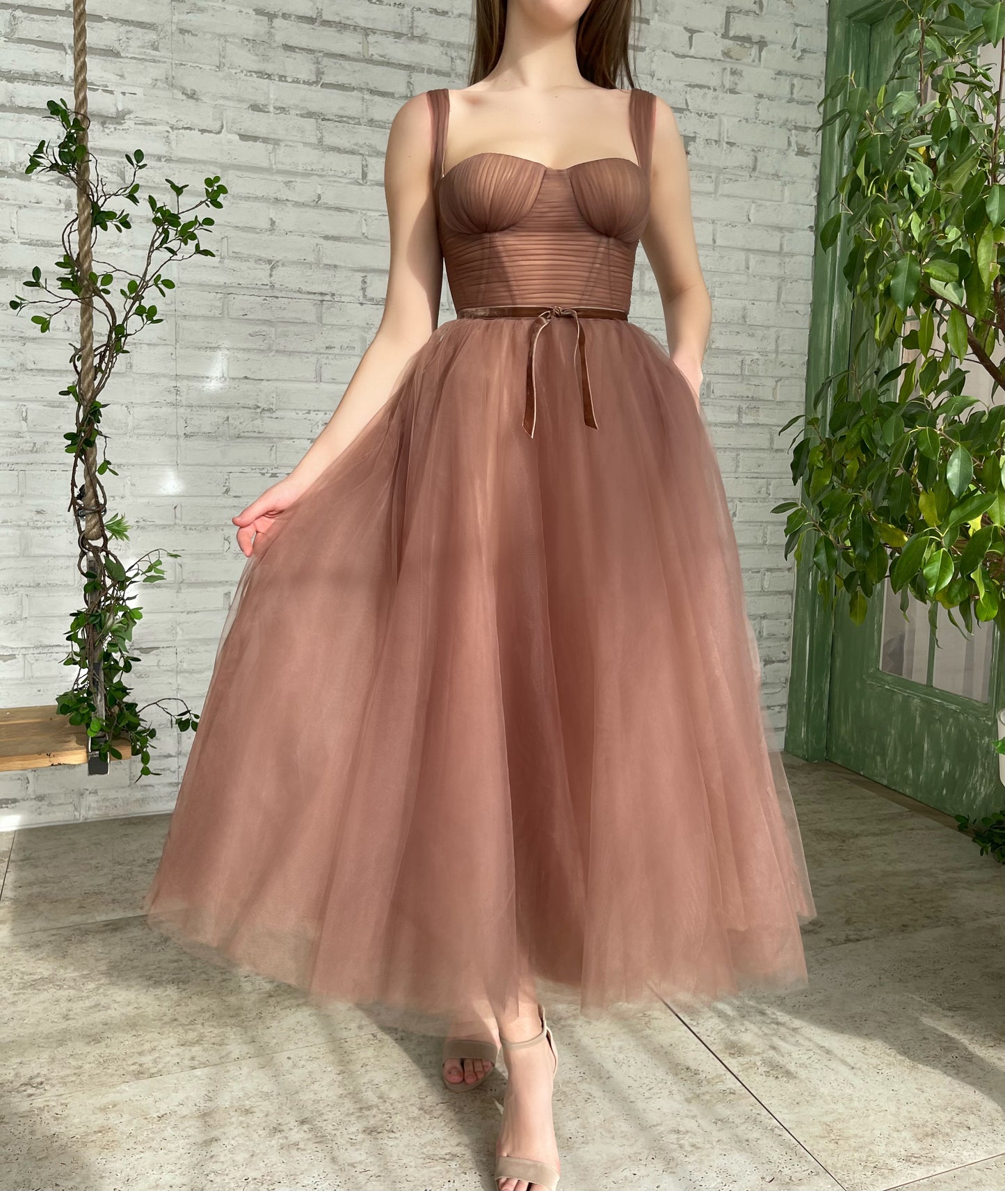 Brown midi dress with spaghetti straps