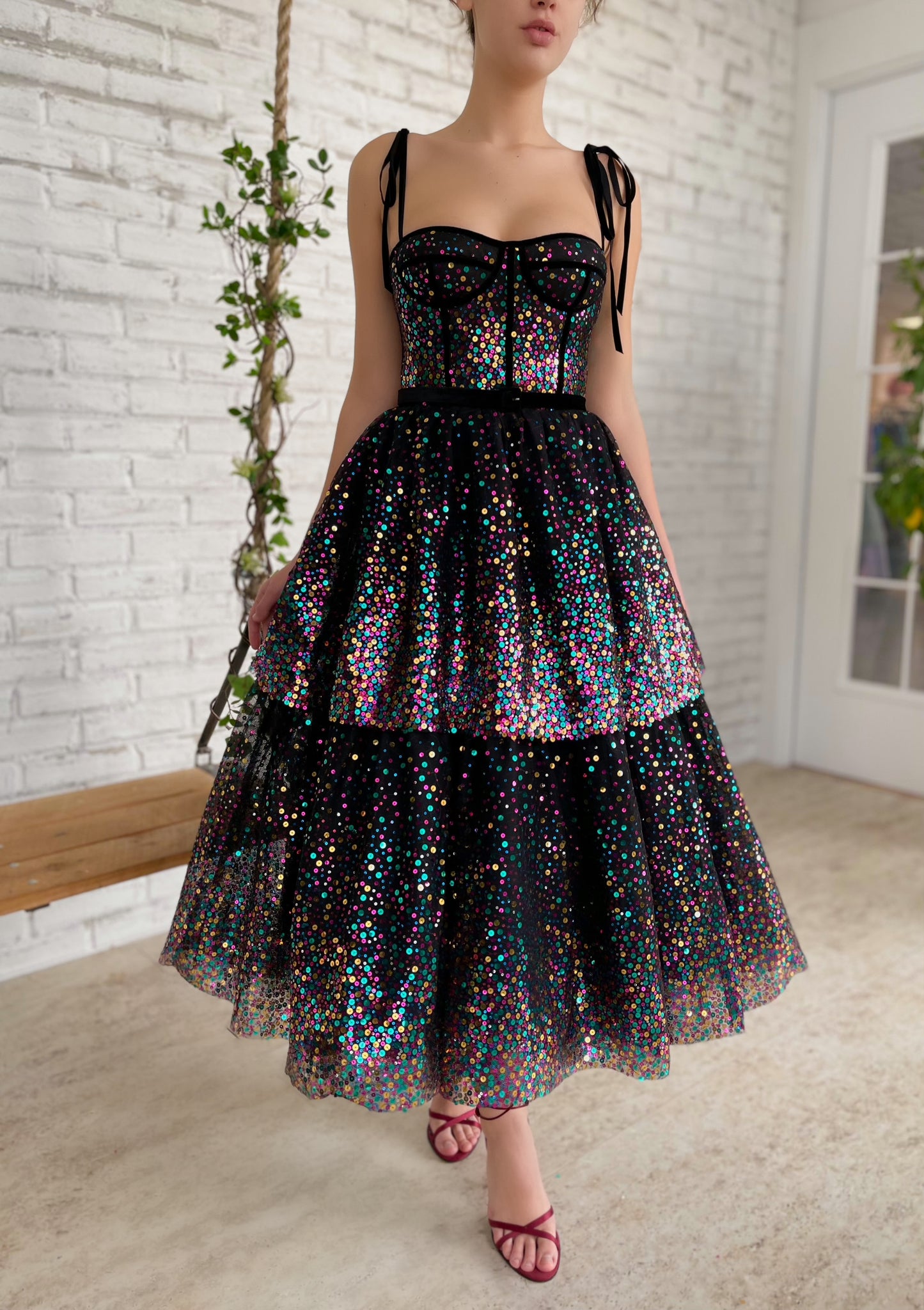 Black midi dress with sequins and spaghetti straps