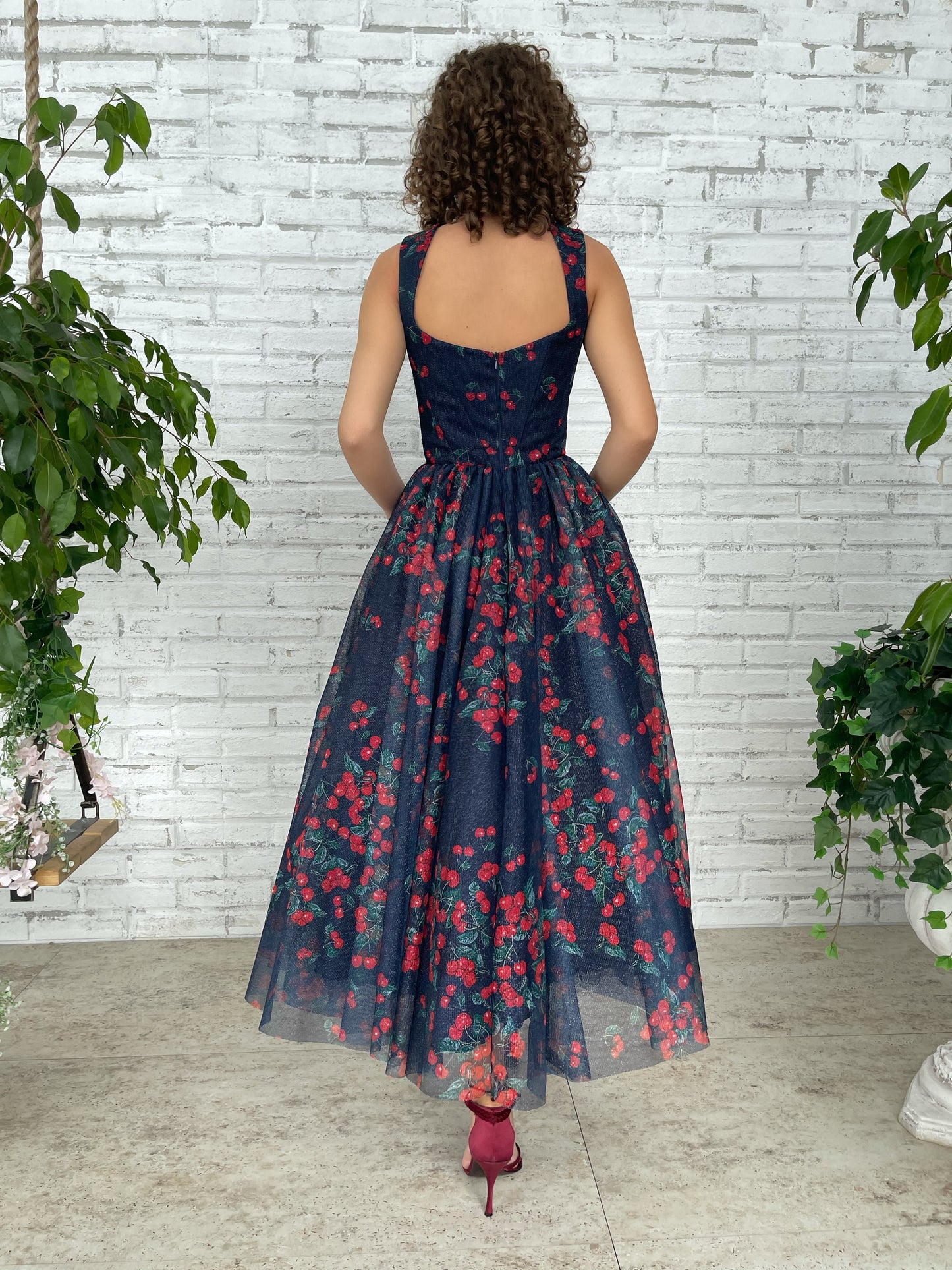 Blue midi dress with printed cherries and straps