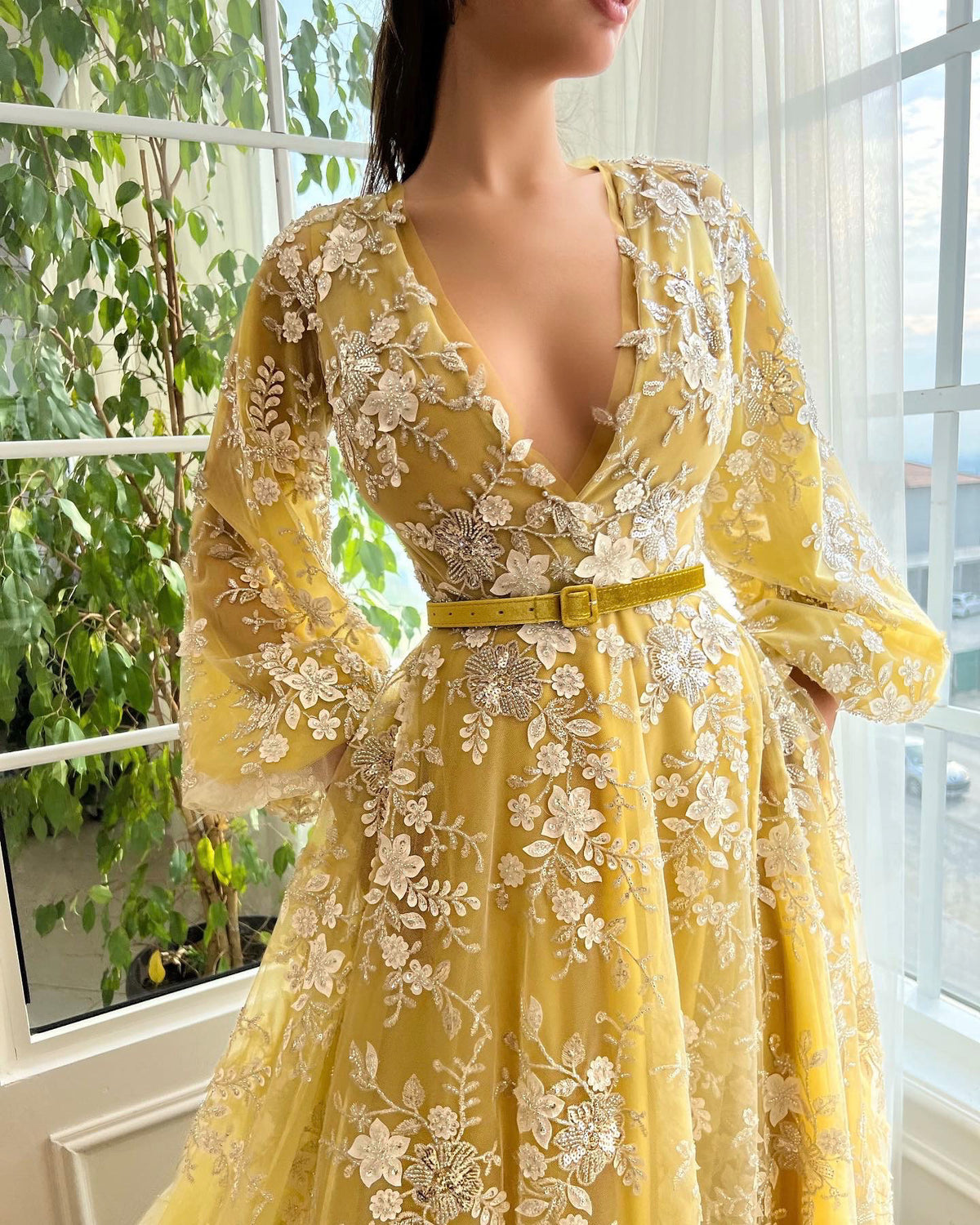 Yellow A-Line dress with belt, v-neck, embroidery and long sleeves