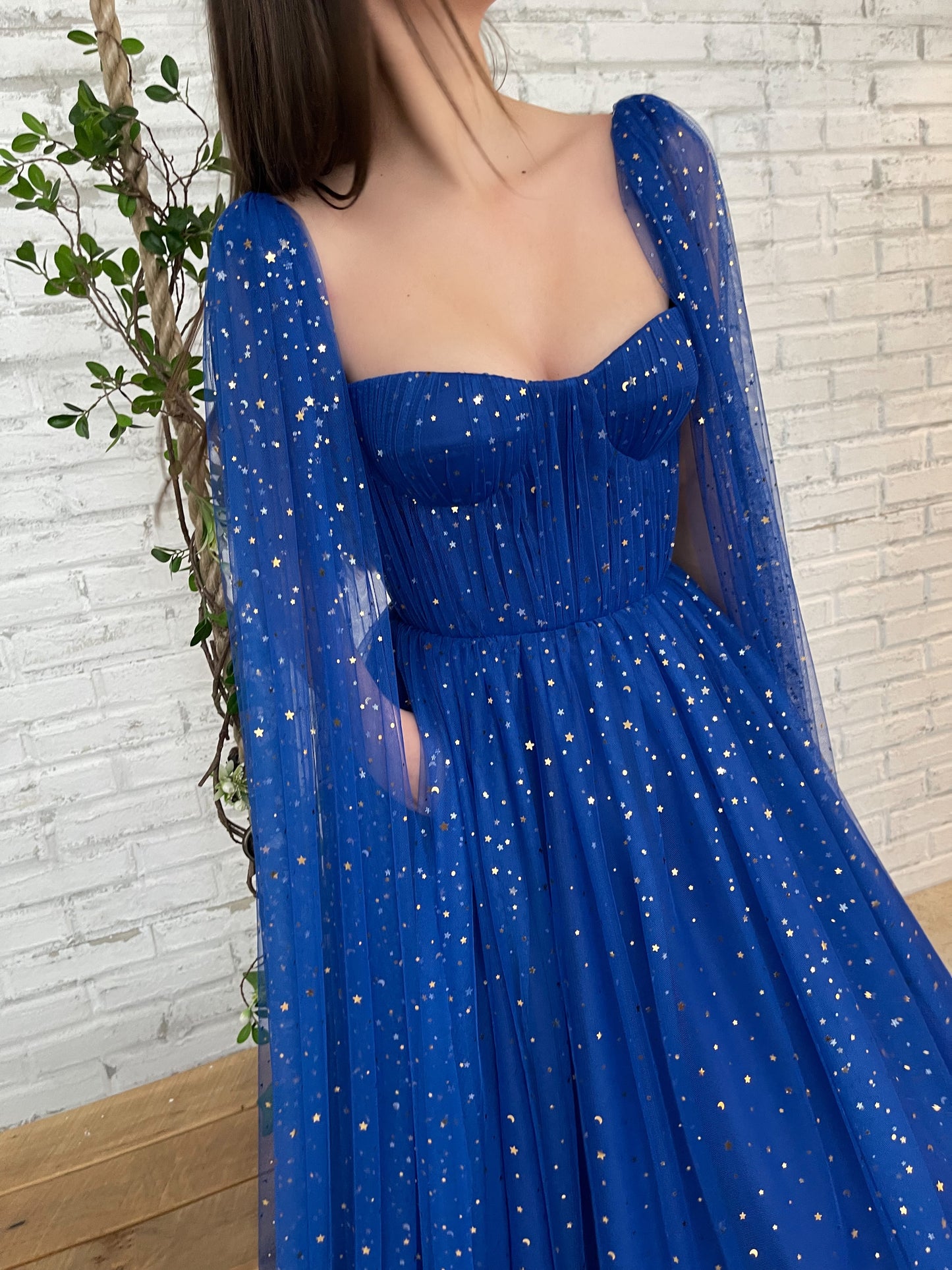 Blue A-Line dress with cape sleeves, spaghetti straps and starry fabric