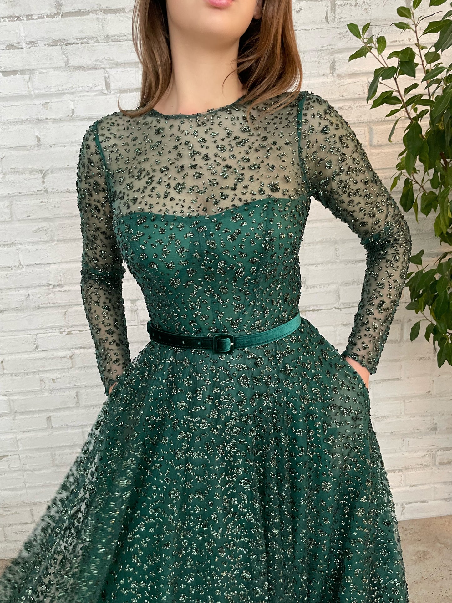 Green A-Line dress with belt and long sleeves