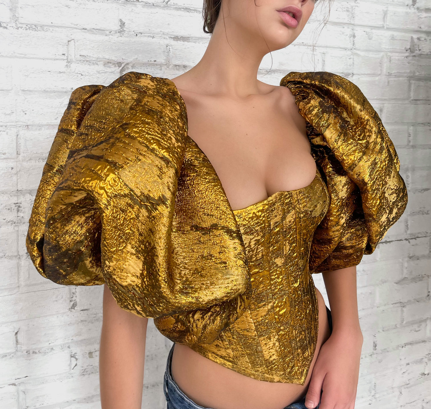 Gold corset with short puff sleeves