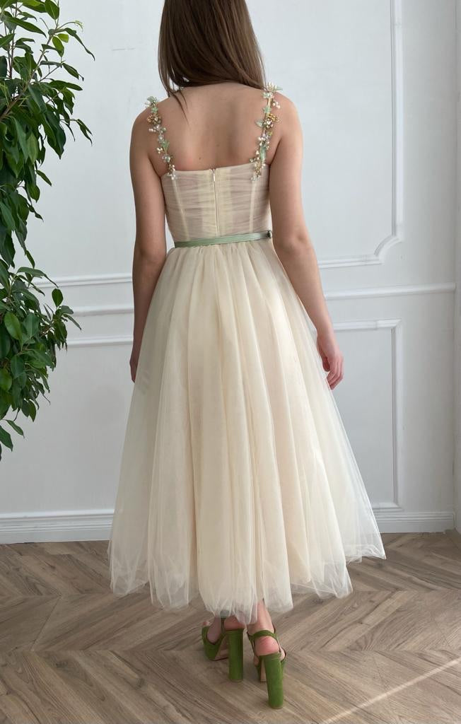 Beige midi dress with belt, spaghetti straps and embroidery