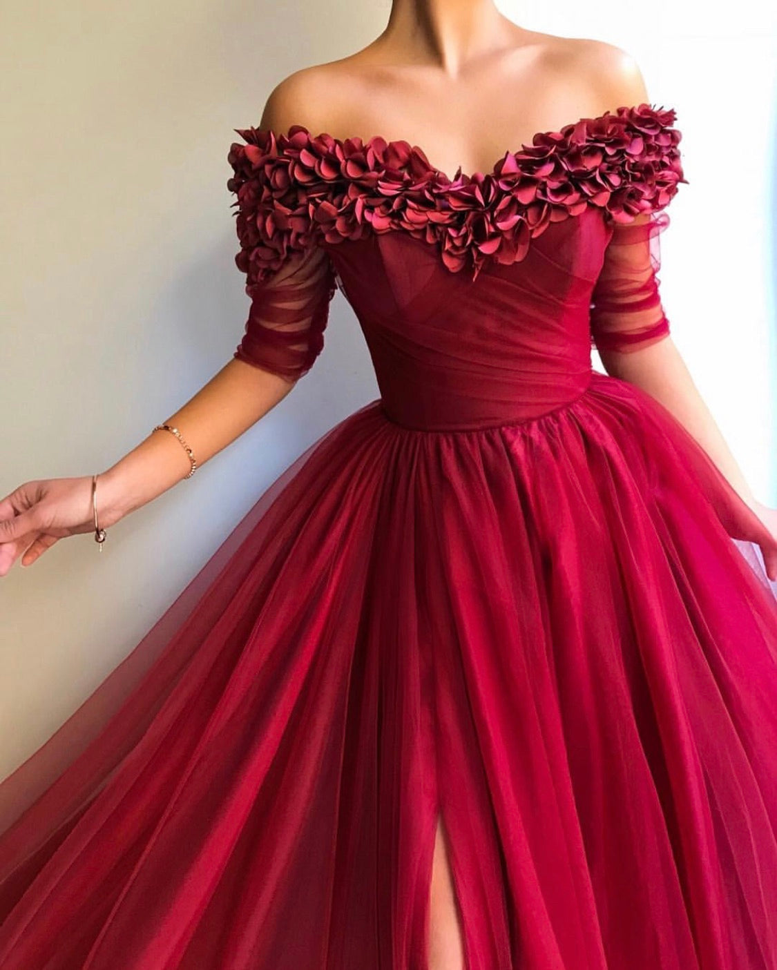Red A-Line dress with short off the shoulder sleeves and embroidery