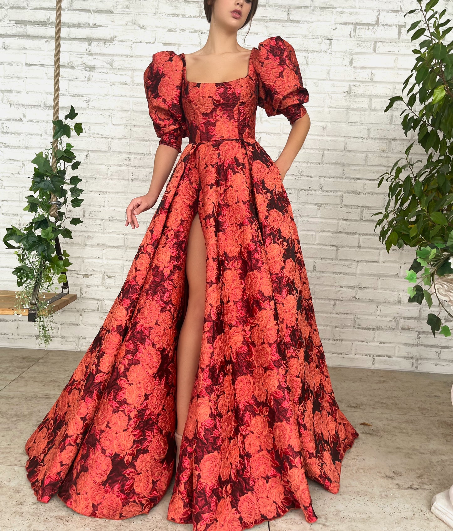 Red A-Line dress with short puff sleeves