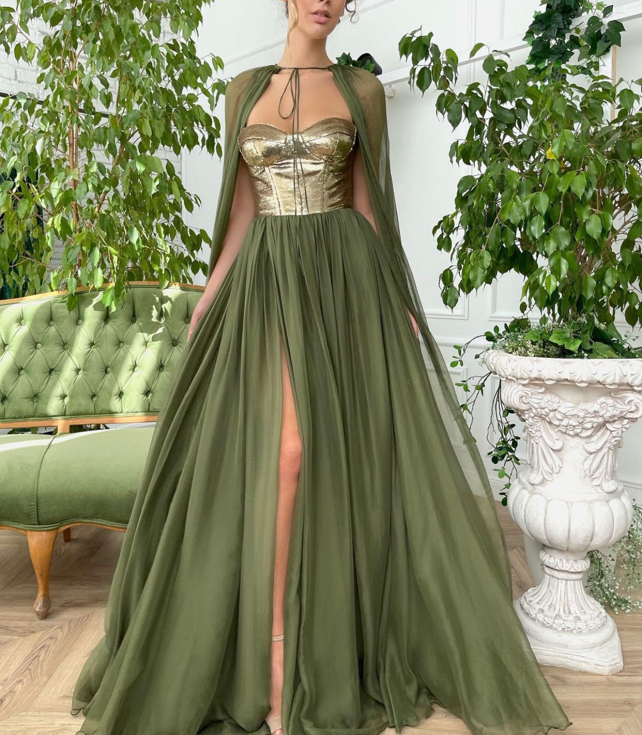 Green A-Line dress with cape and no sleeves