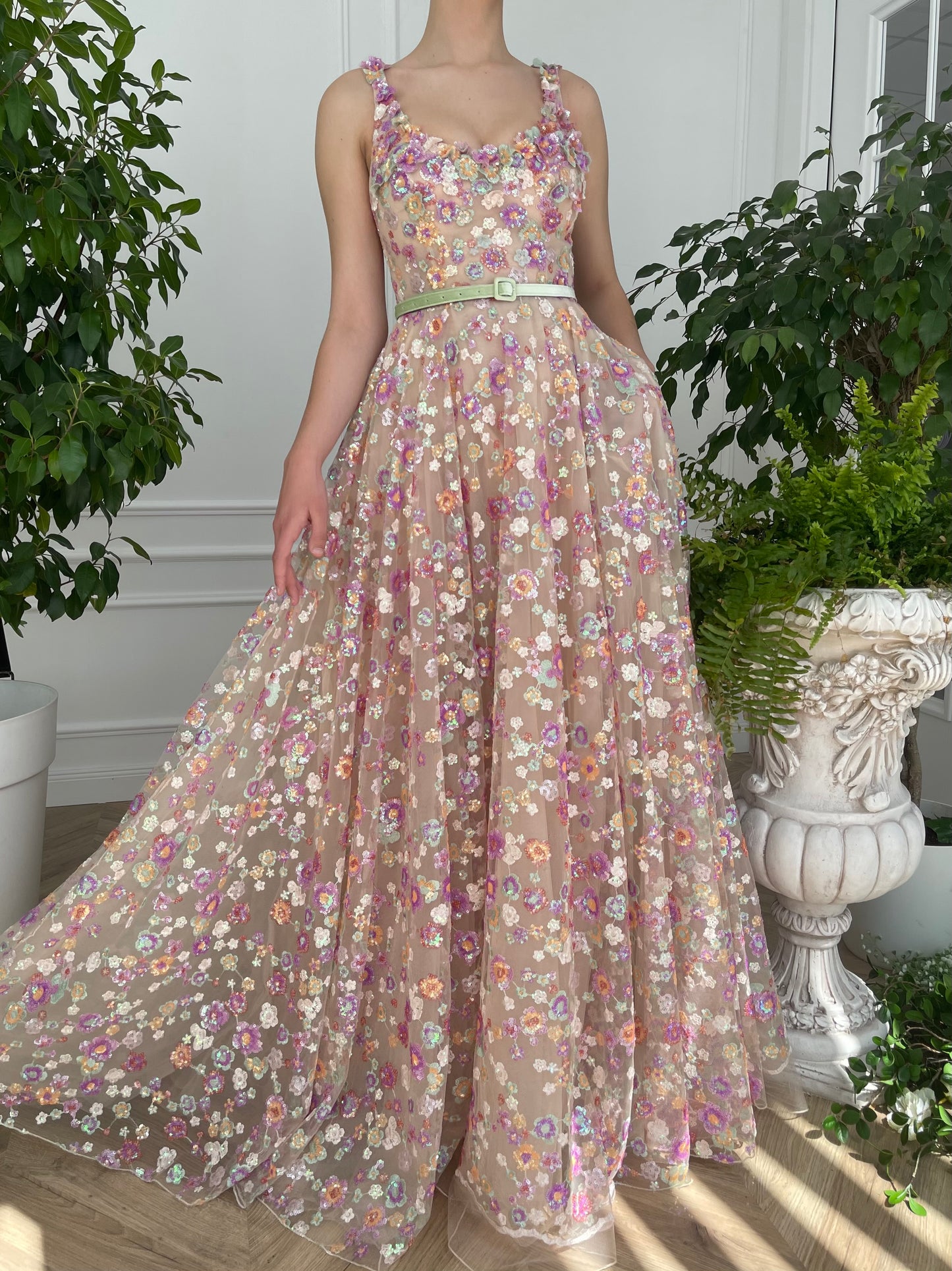 Pink A-Line dress with straps, belt and embroidery