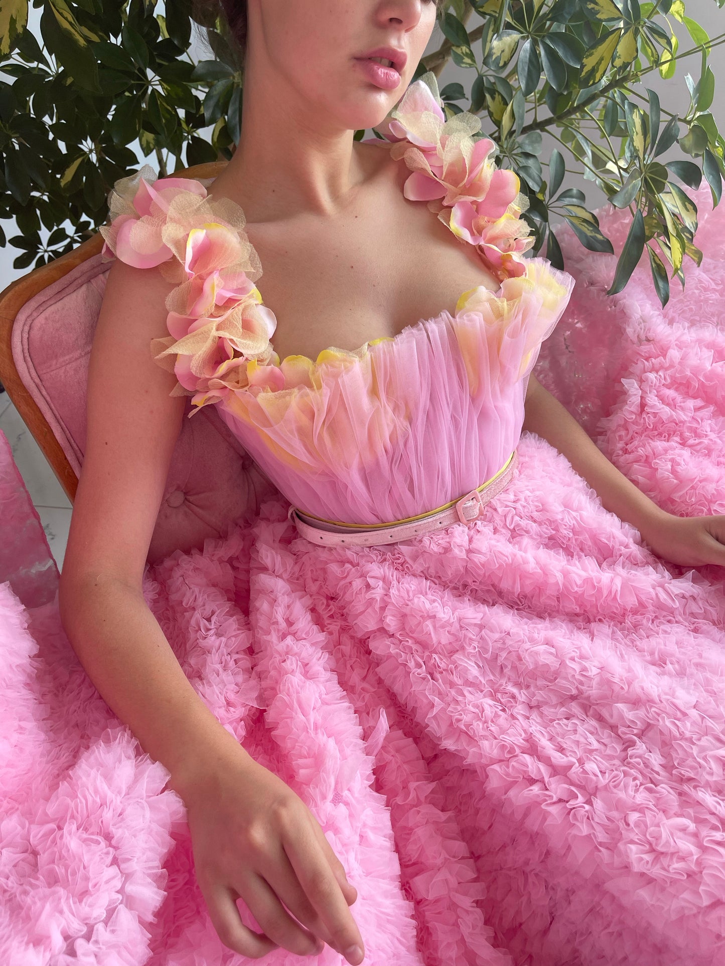 Pink A-Line dress with belt, embroidery and straps