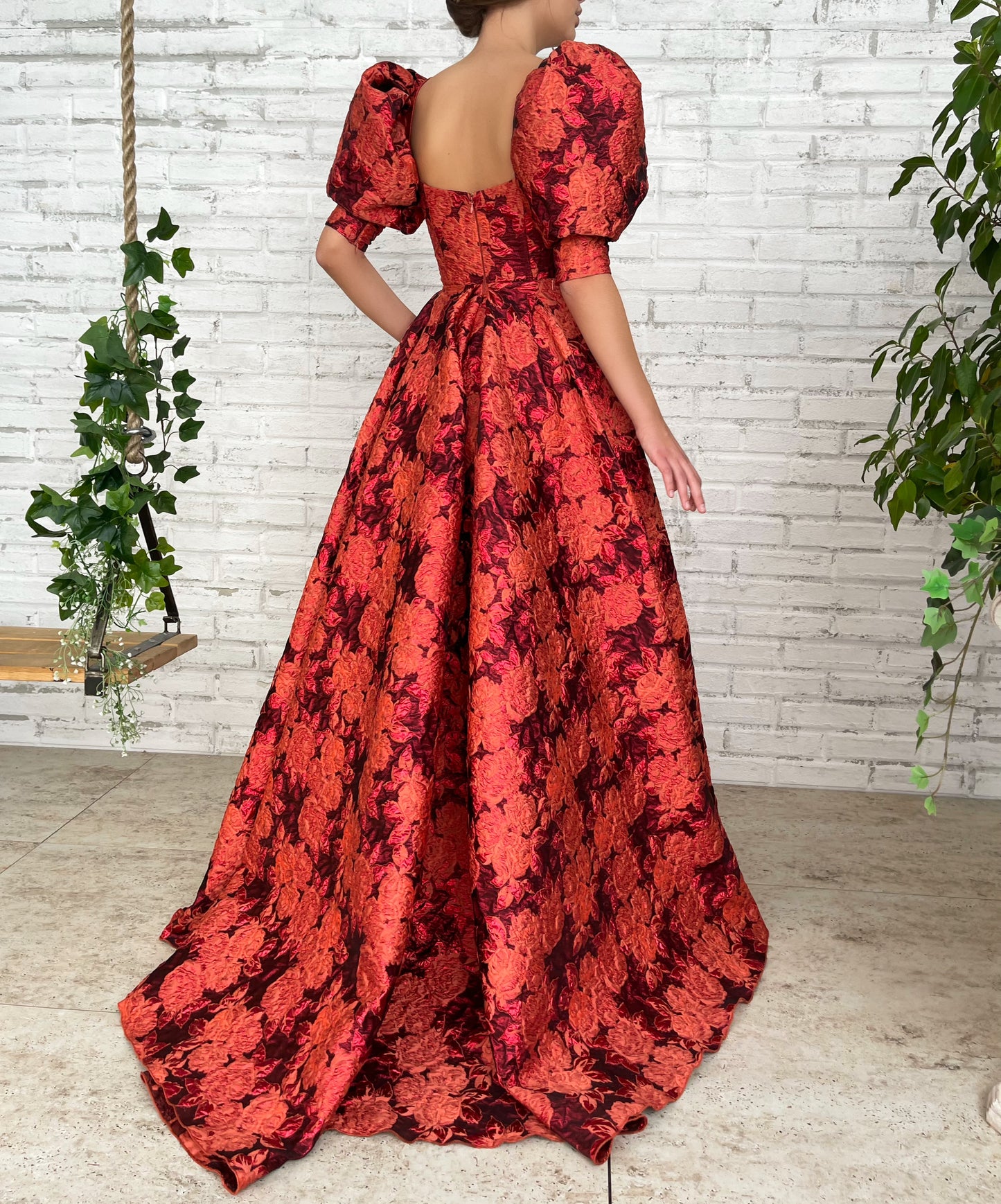 Red A-Line dress with short puff sleeves
