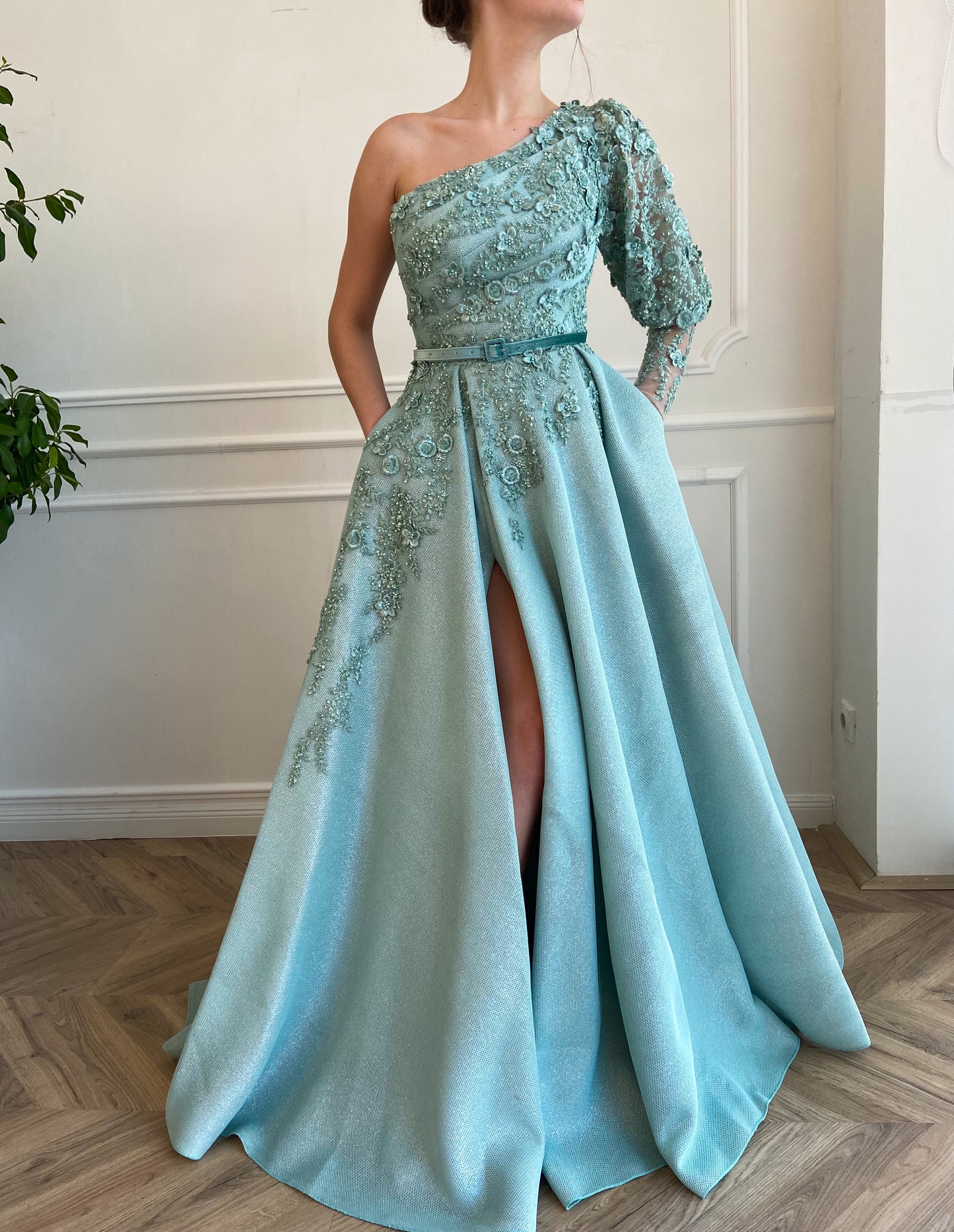 Blue A-Line dress with one shoulder sleeve, belt and embroidery 