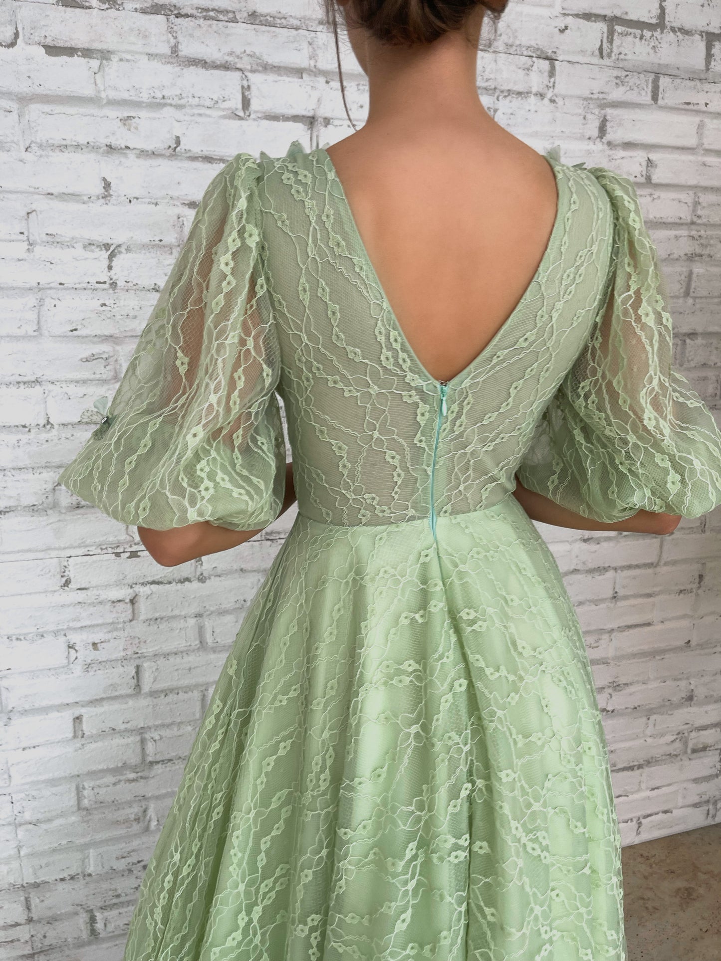 Green A-Line dress with short sleeves, v-neck and embroidery