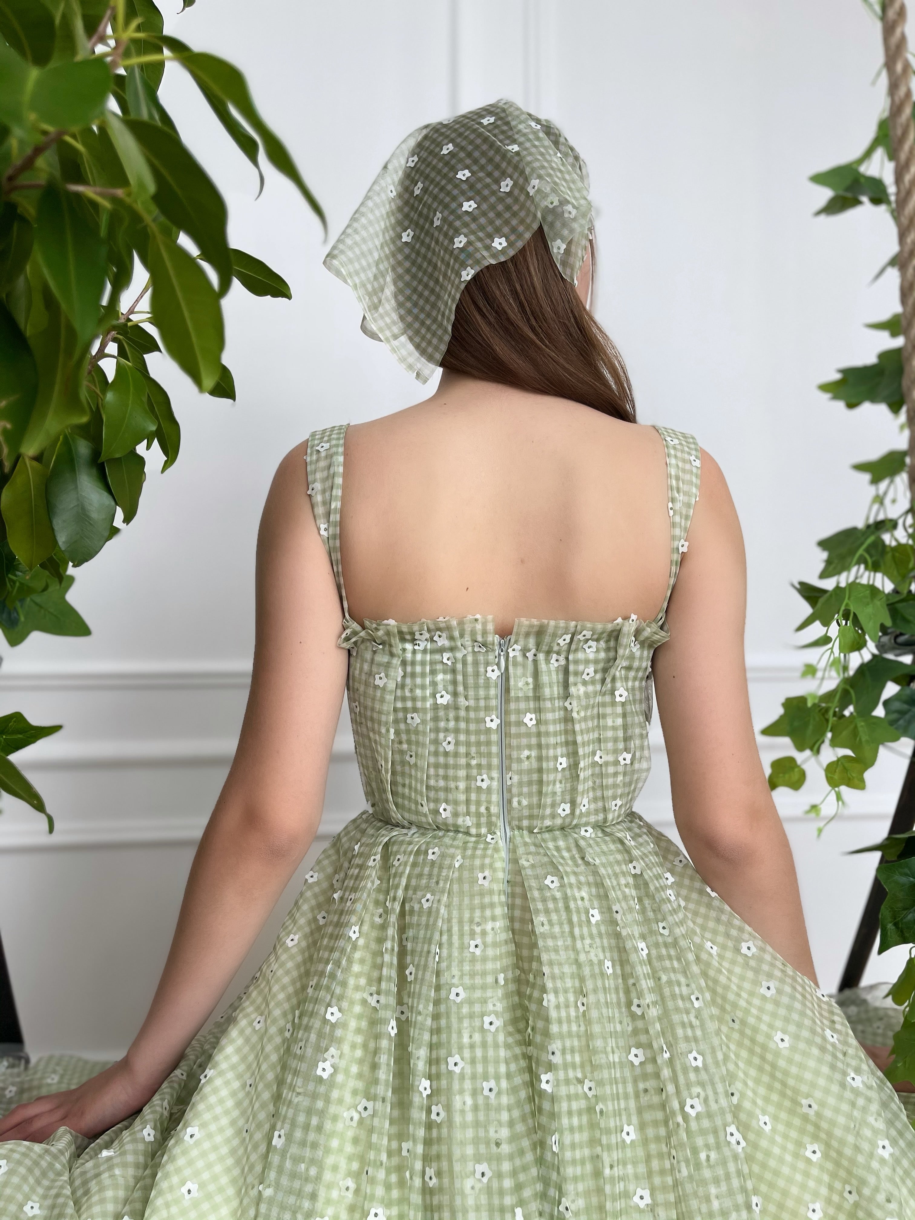 Draped Green Gingham Dress