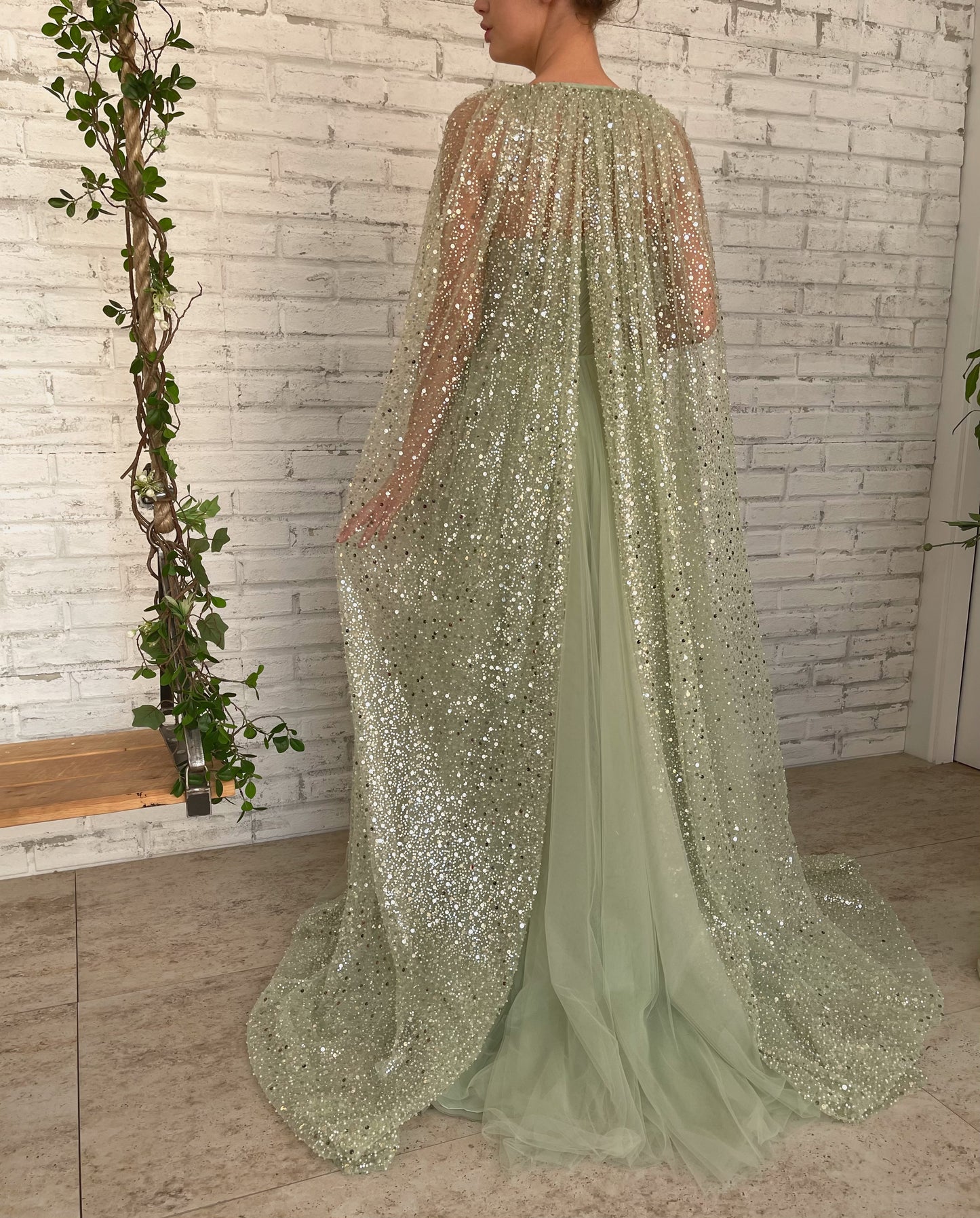 Green A-Line dress with cape sleeves
