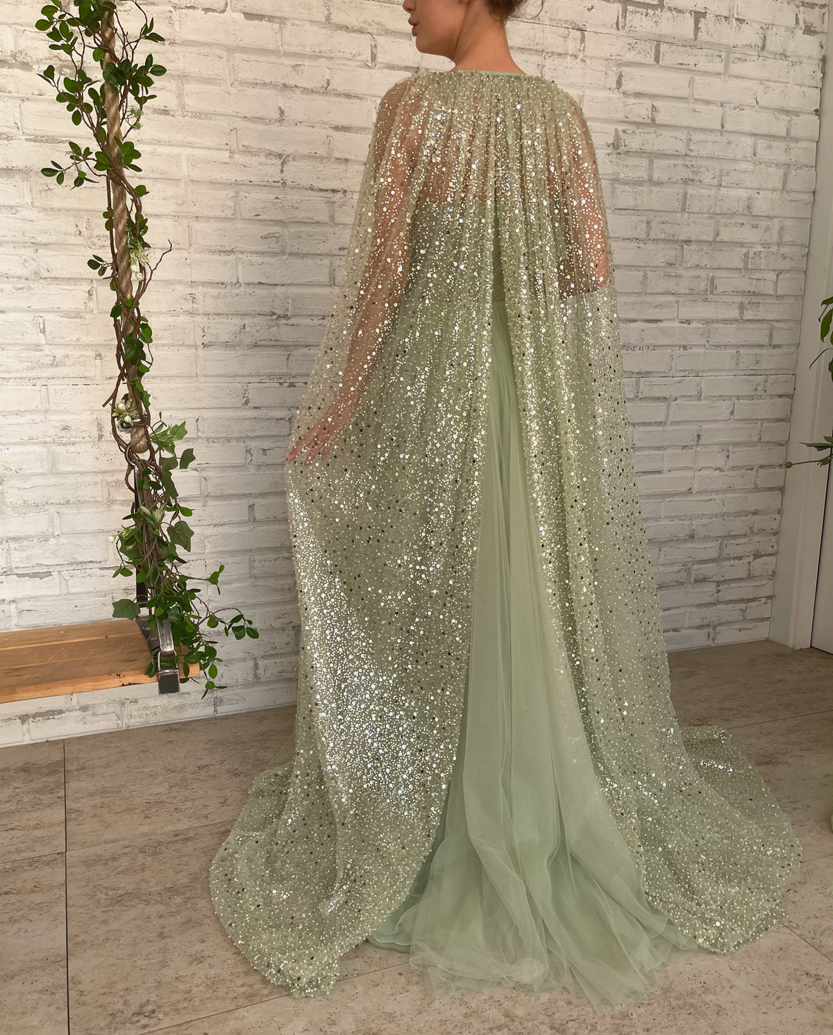 Green A-Line dress with cape sleeves
