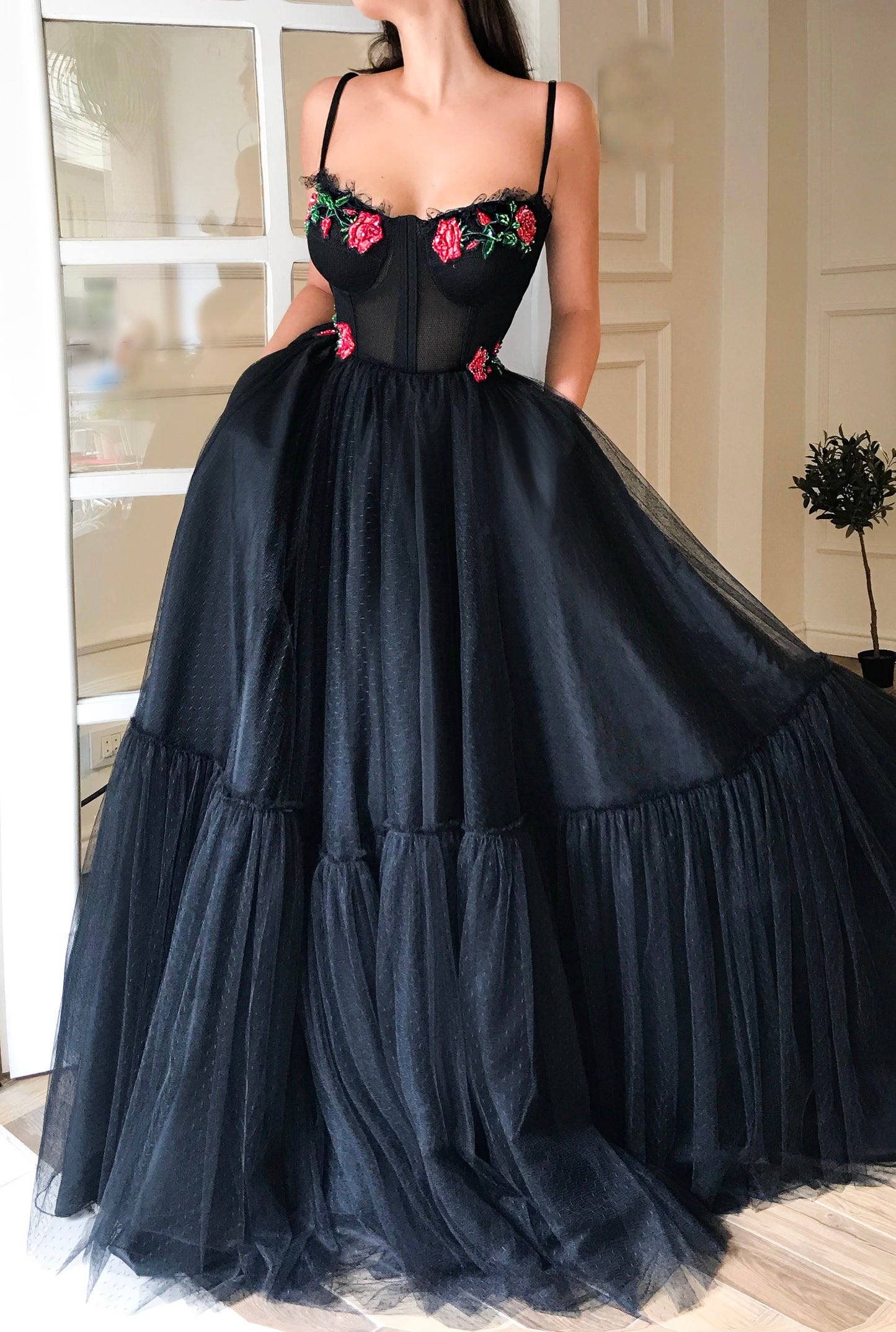 Black A-Line dress with spaghetti straps and embroidery