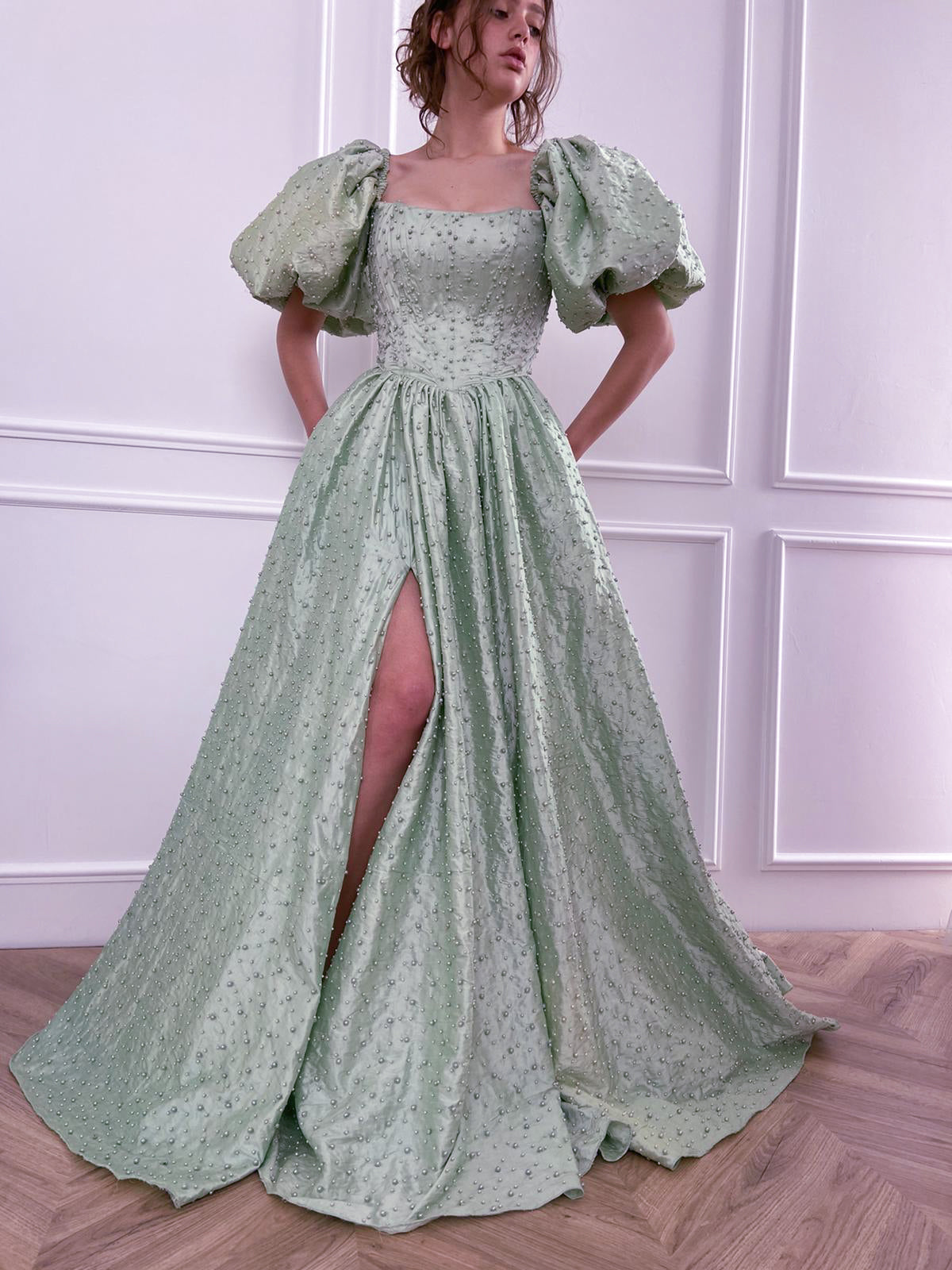 Green A-Line dress with off the shoulder sleeves and beading