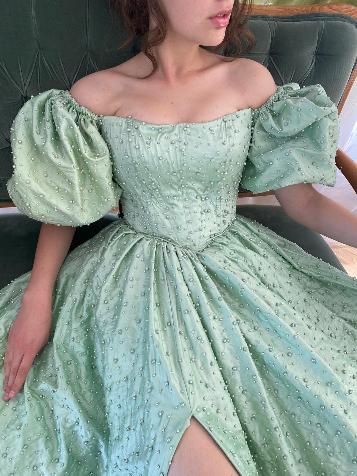 Green A-Line dress with off the shoulder sleeves and beading